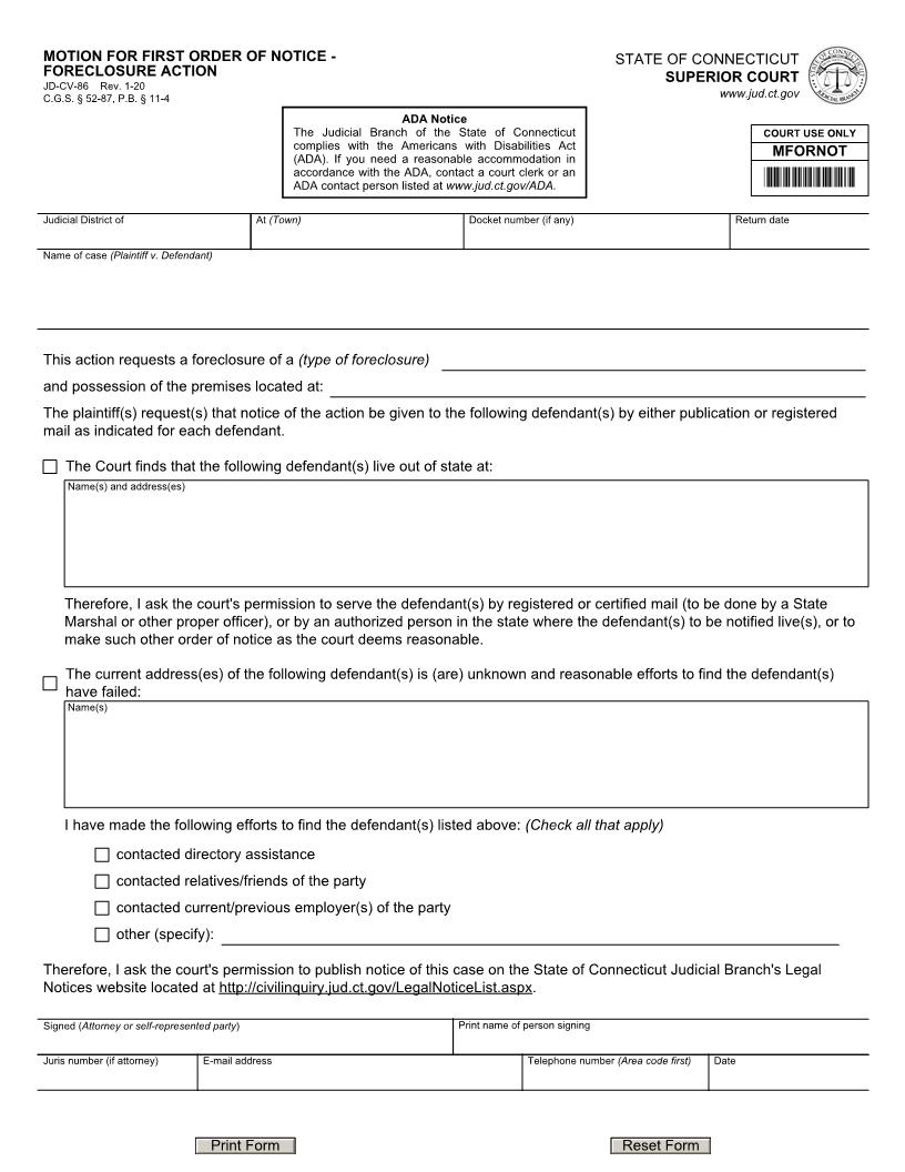 Motion For First Order Of Notice - Foreclosure Action {JD-CV-86} | Pdf Fpdf Doc Docx | Connecticut
