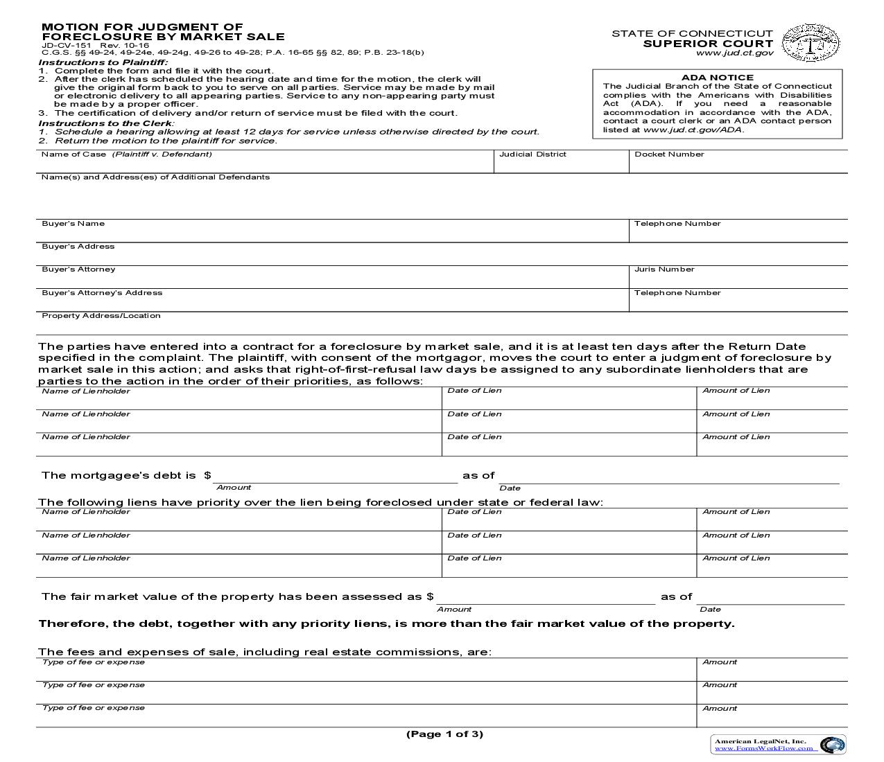 Motion For Judgment Of Foreclosure By Market Sale {JD-CV-151} | Pdf Fpdf Doc Docx | Connecticut