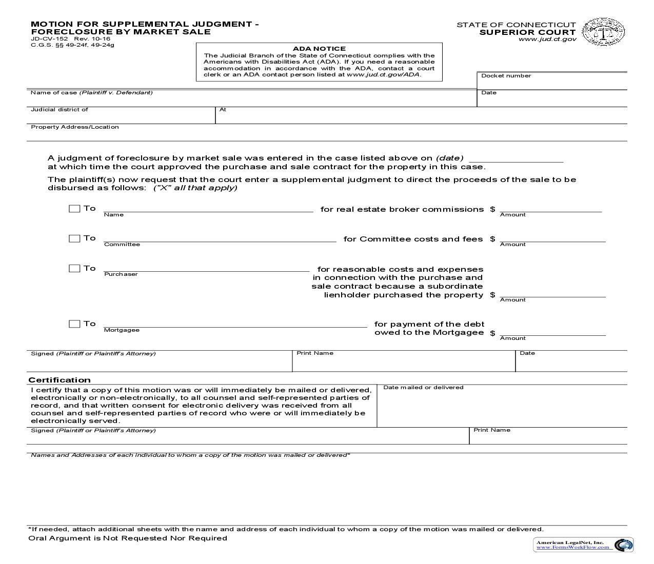 Motion For Supplemental Judgment Foreclosure By Market Sale {JD-CV-152} | Pdf Fpdf Doc Docx | Connecticut
