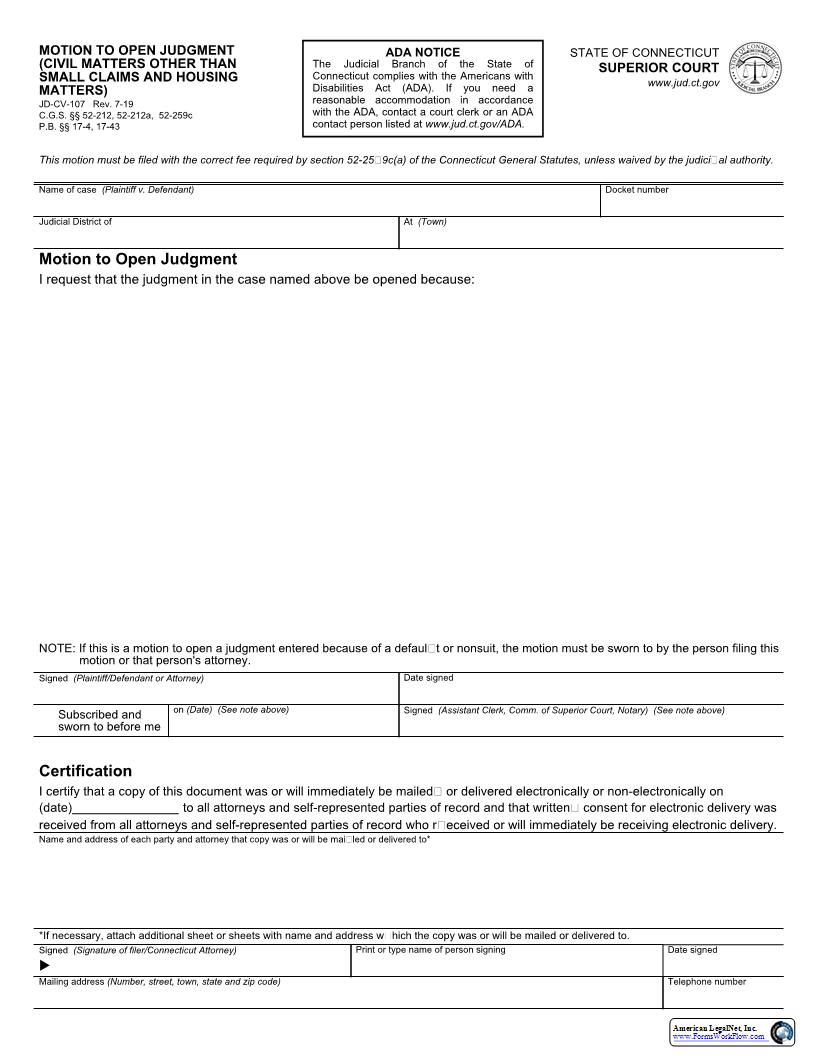 Motion To Open Judgment  {JD-CV-107} | Pdf Fpdf Docx | Connecticut