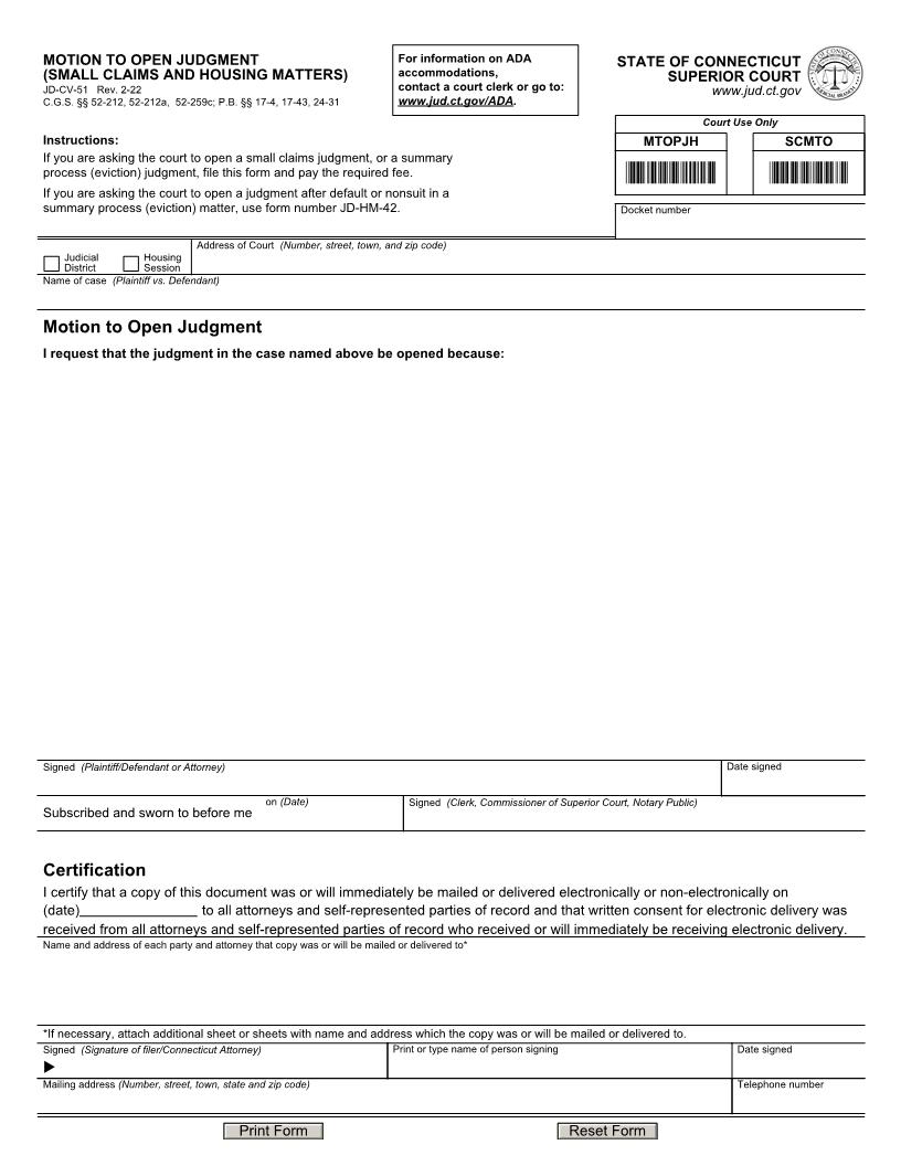 Motion To Open Judgment (Small Claims And Housing Matters) {JD-CV-51} | Pdf Fpdf Docx | Connecticut