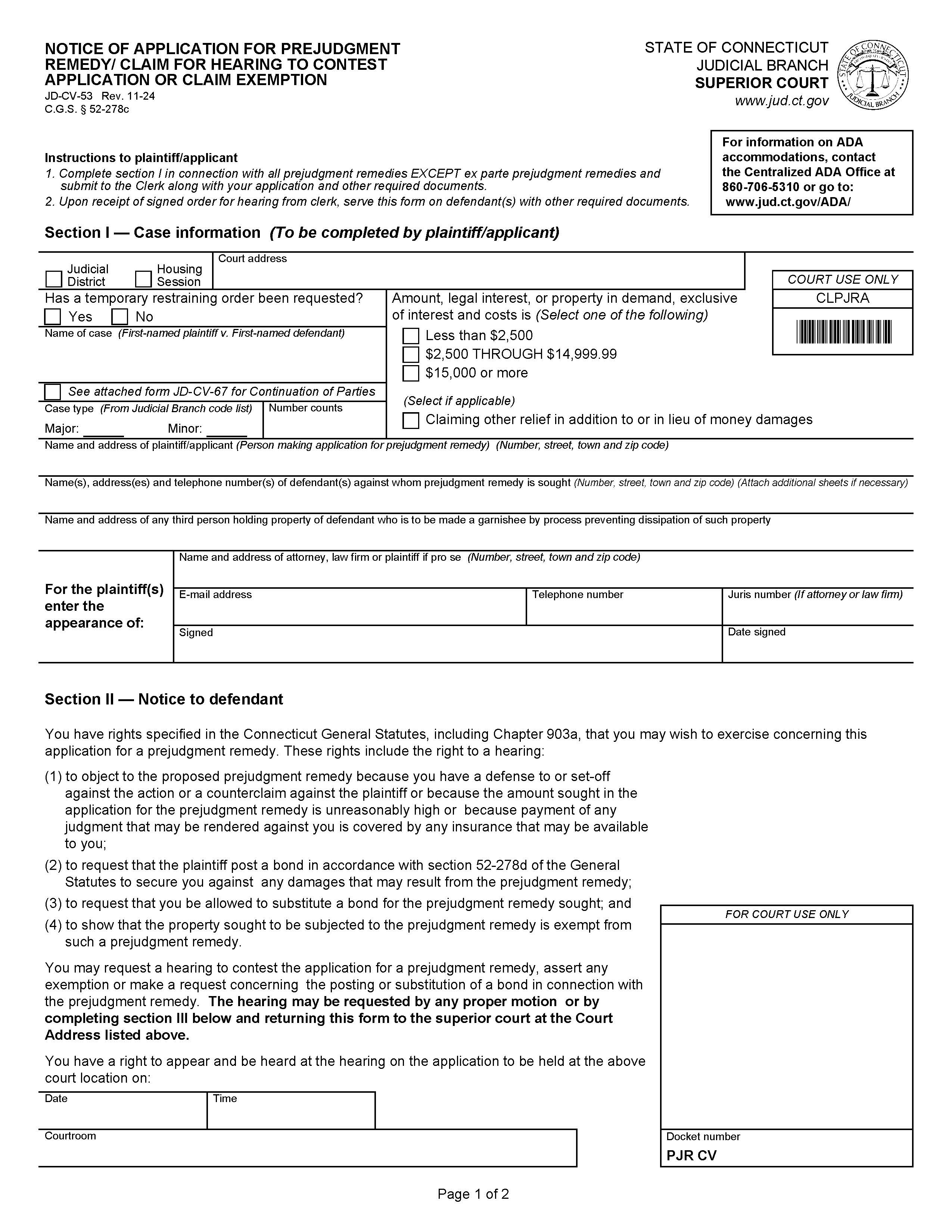 Notice Of Application For Prejudgment Remedy - Claim For Hearing To Contest Application Or Claim Exemption {JD-CV-53} | Pdf Fpdf Doc Docx | Connecticut