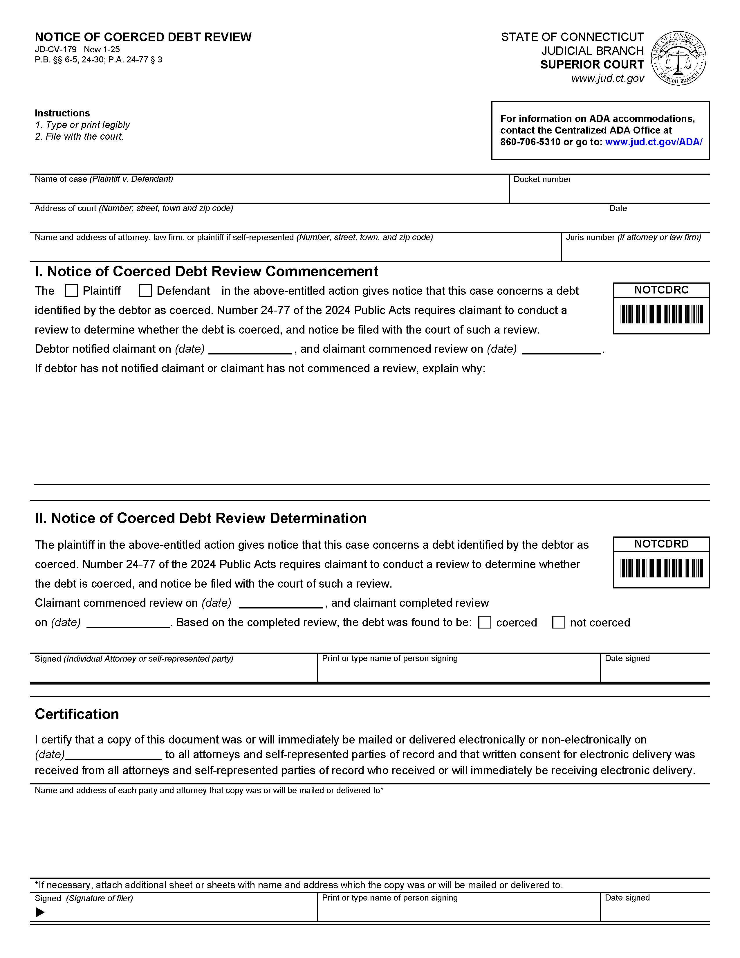 Notice Of Coerced Debt Review {JD-CV-179} | Pdf Fpdf Docx | Connecticut