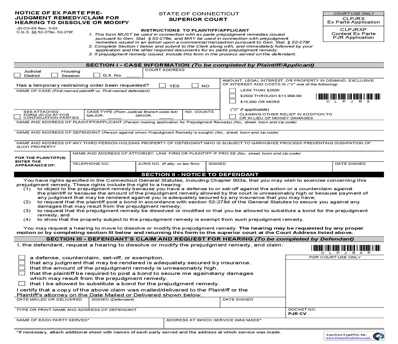 Notice Of Ex Parte Pre Judgment Remedy - Claim For Hearing To Dissolve Or Modify {JD-CV-55} | Pdf Fpdf Doc Docx | Connecticut