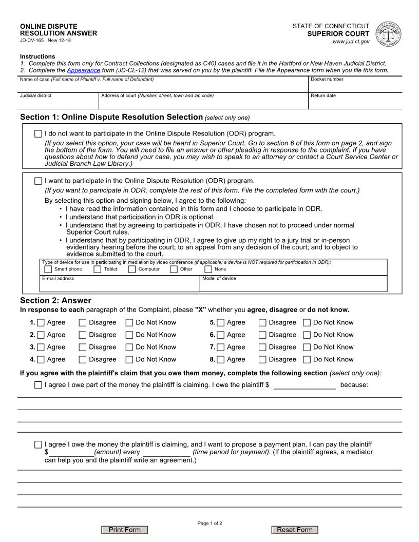 Online Dispute Resolution Answer {JD-CV-165} | Pdf Fpdf Docx | Connecticut