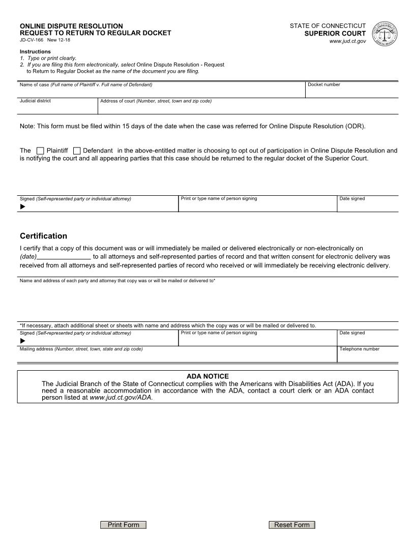 Online Dispute Resolution Request To Return To Regular Docket {JD-CV-166} | Pdf Fpdf Docx | Connecticut