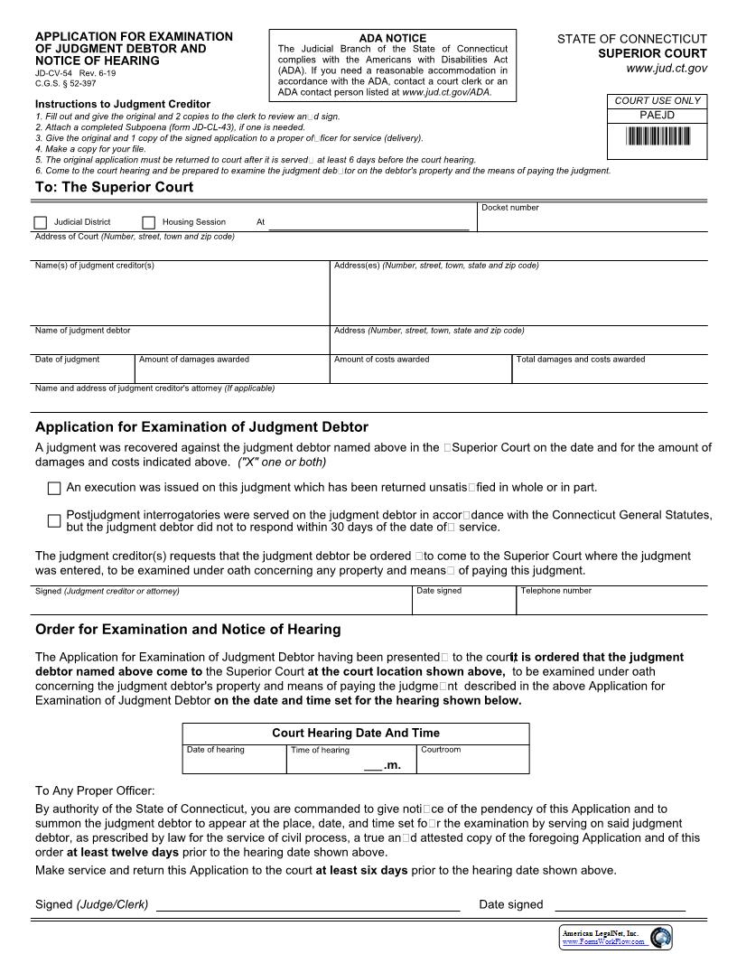 Petition For Examination Of Judgment Debtor And Notice Of Hearing {JD-CV-54} | Pdf Fpdf Docx | Connecticut