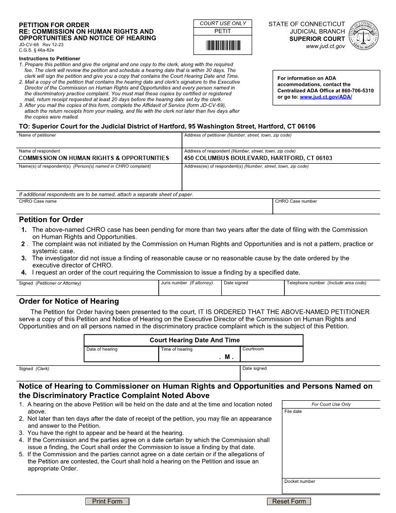 Petition For Order Re Commission On Human Right And Opportunities And Notice Of Hearing {JD-CV-68} | Pdf Fpdf Doc Docx | Connecticut