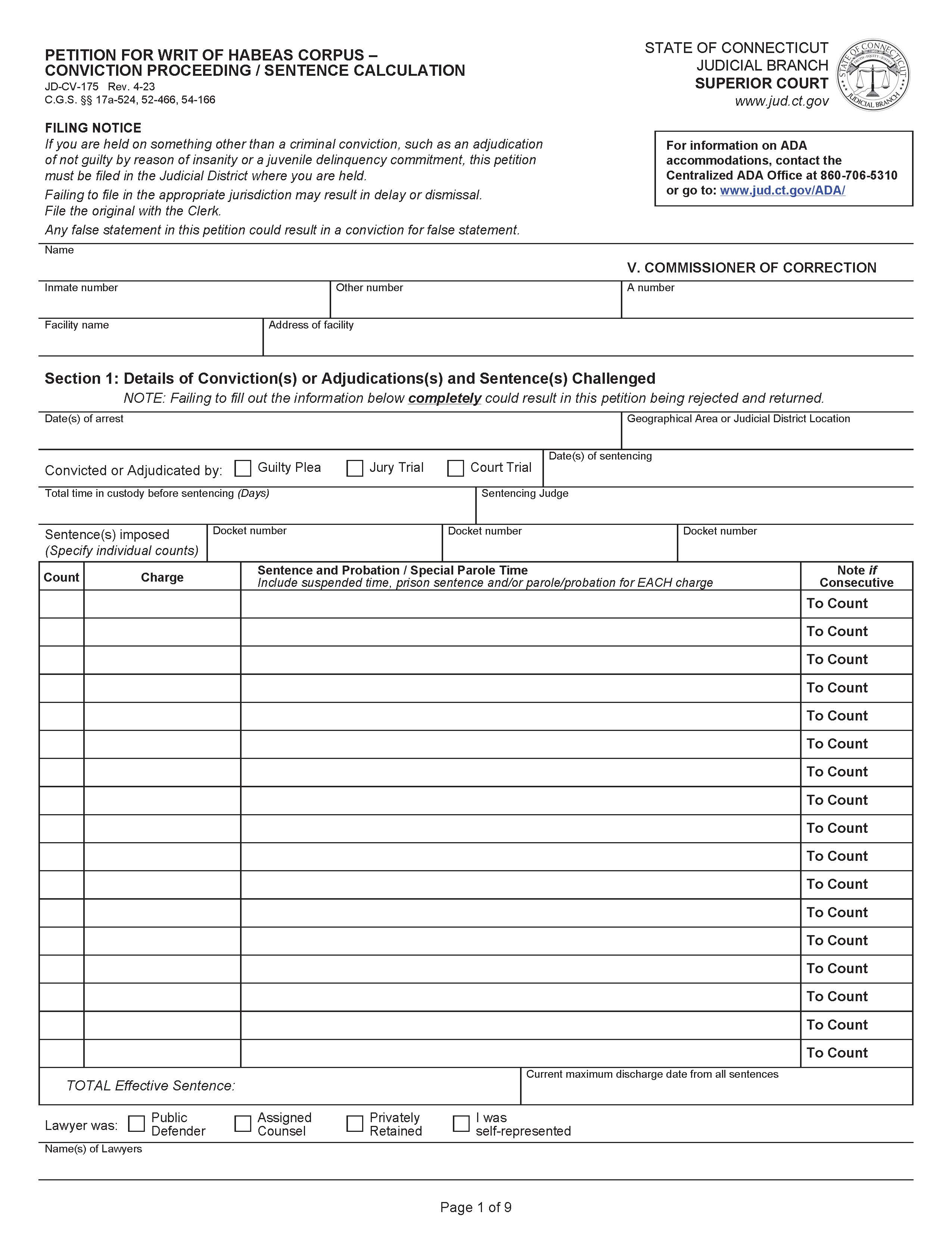 Petition For Writ Of Habeas Corpus Conviction Proceeding Sentence Calculation {JD-CV-175} | Pdf Fpdf Docx | Connecticut
