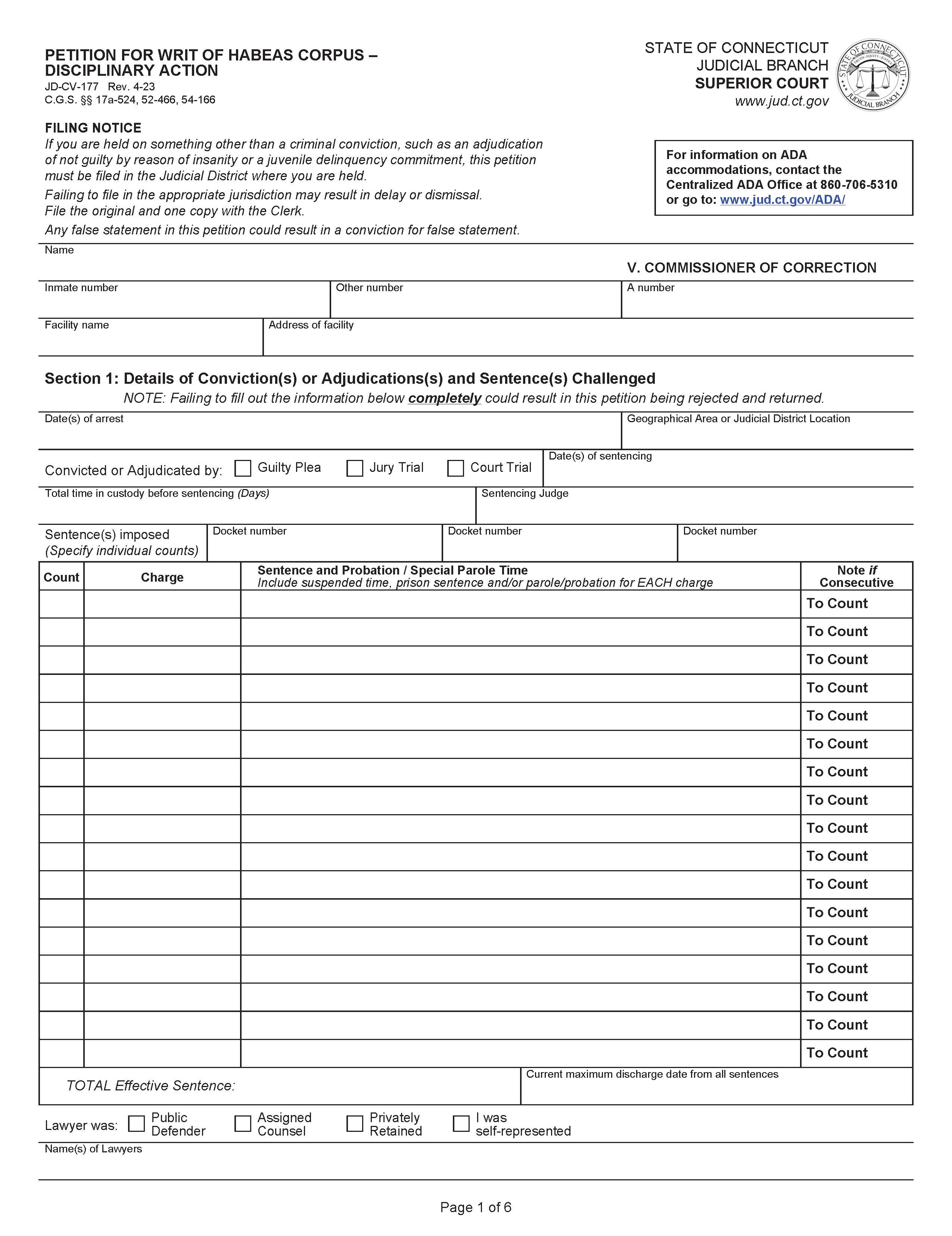 Petition For Writ Of Habeas Corpus Disciplinary Action {JD-CV-177} | Pdf Fpdf Docx | Connecticut