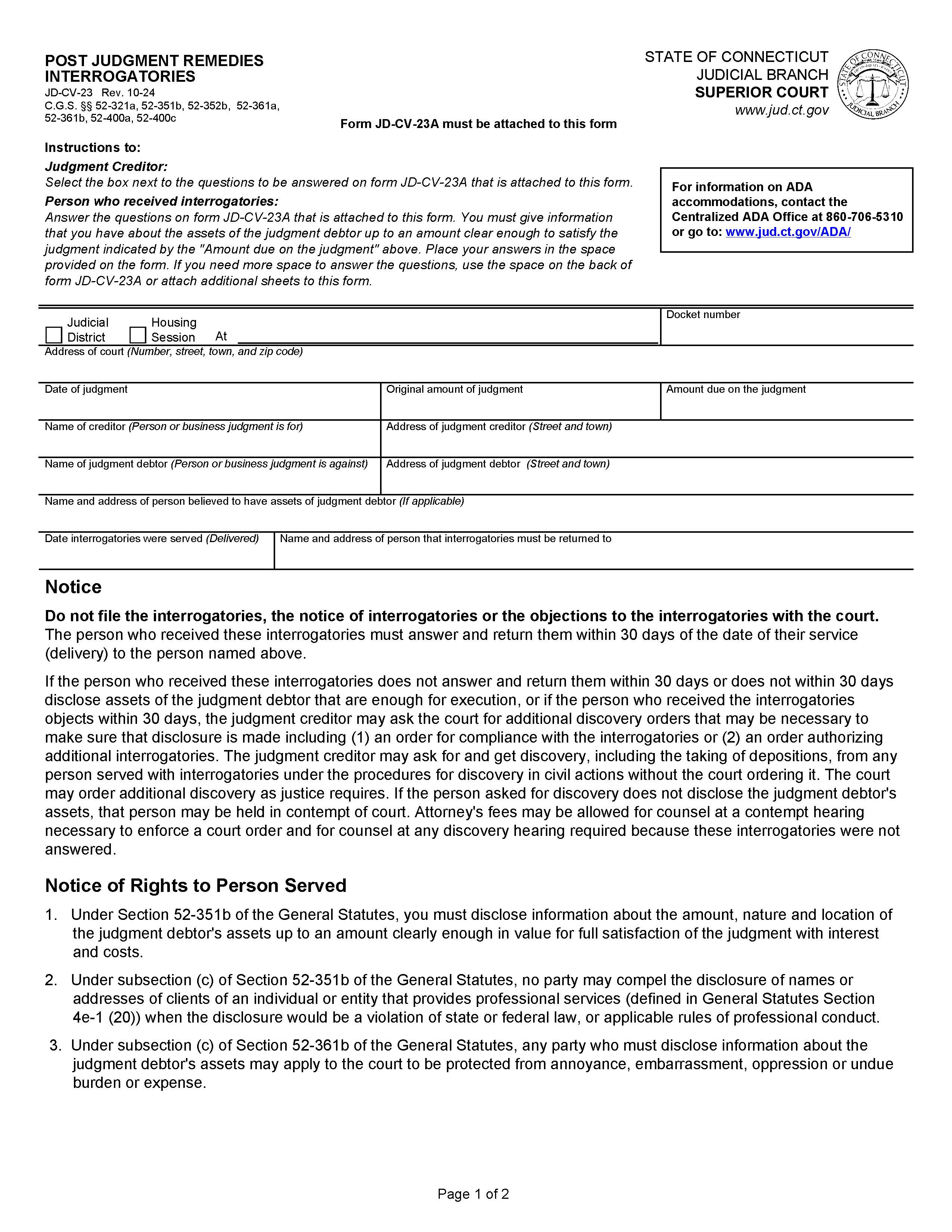 Post Judgment Remedies Interrogatories {JD-CV-23} | Pdf Fpdf Doc Docx | Connecticut