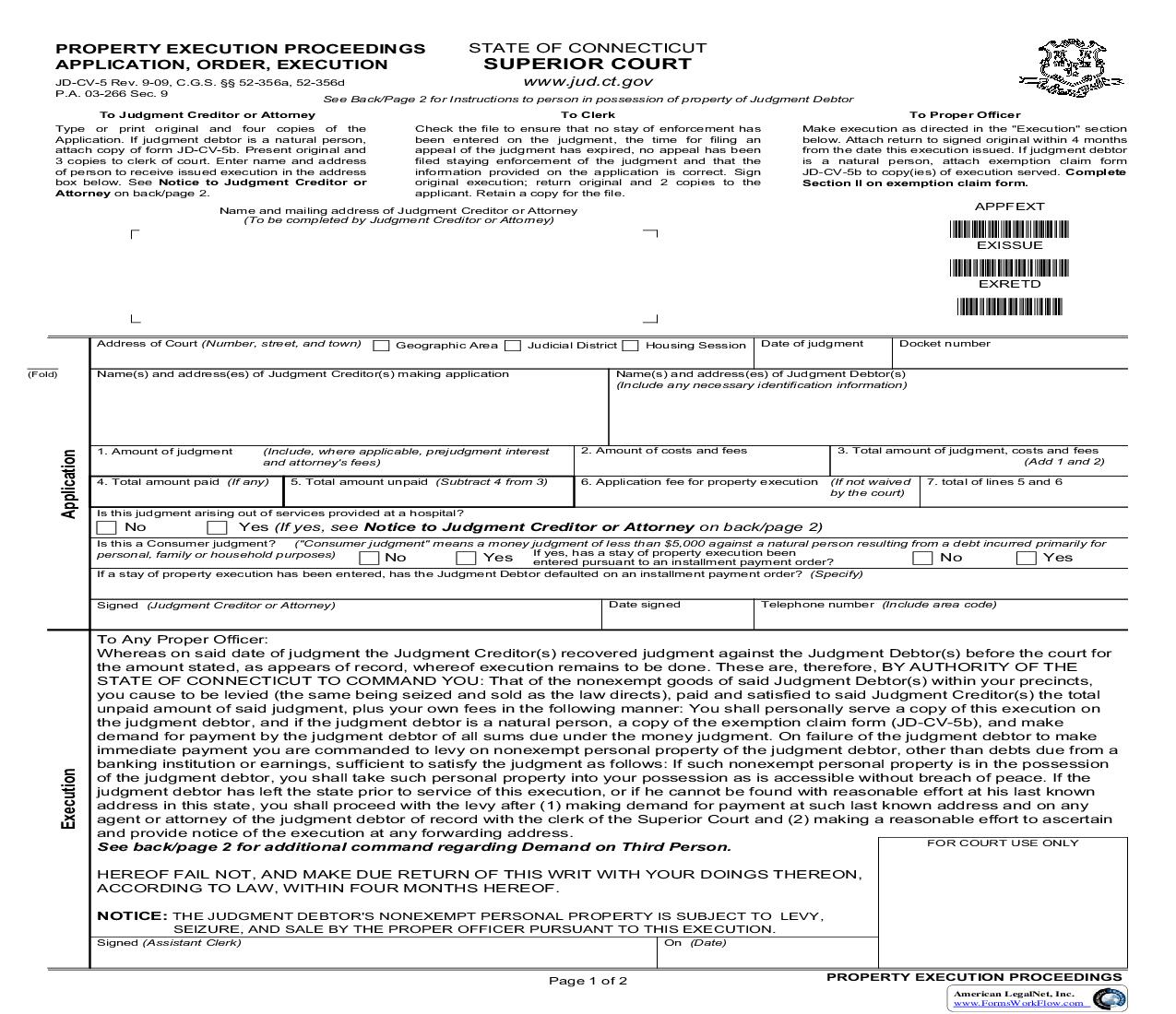 Property Execution Proceedings Application Order Execution {JD-CV-5} | Pdf Fpdf Doc Docx | Connecticut