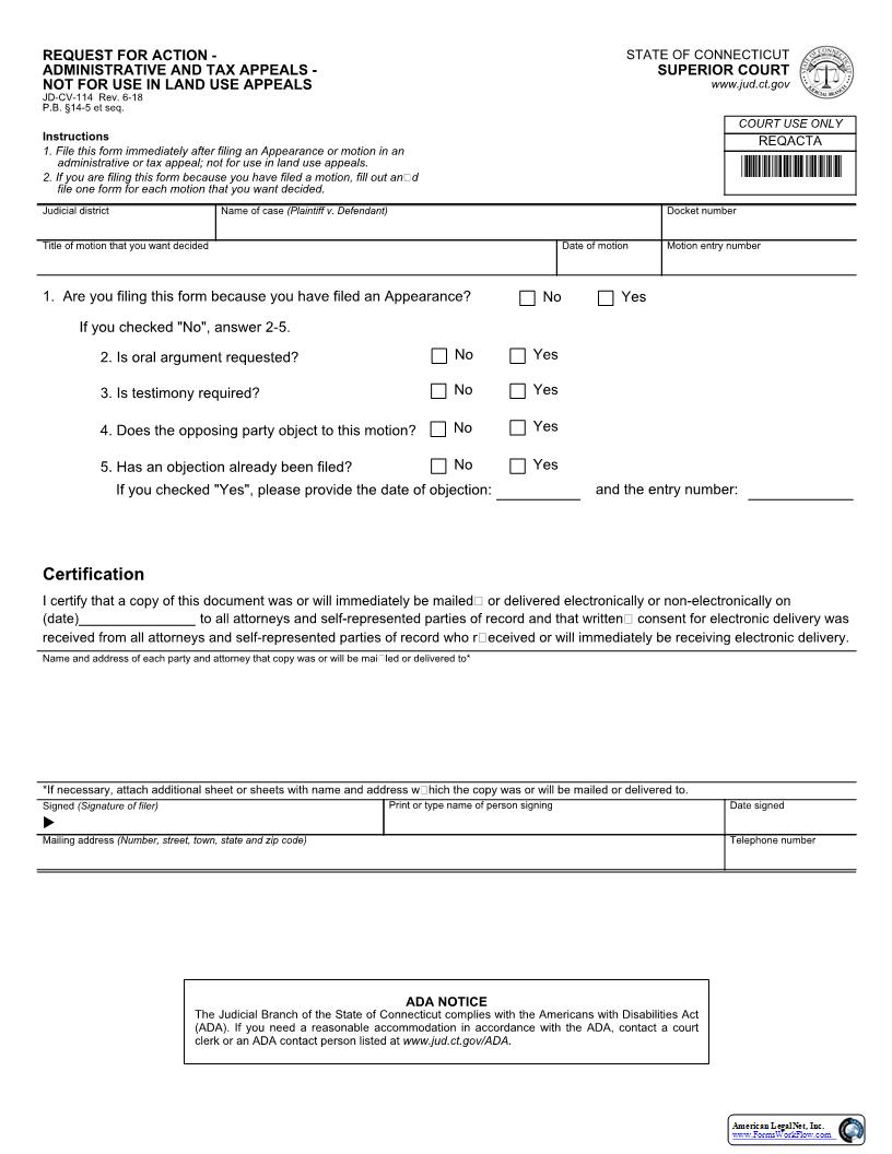 Request For Action Administrative And Tax Appeals {JD-CV-114} | Pdf Fpdf Docx | Connecticut