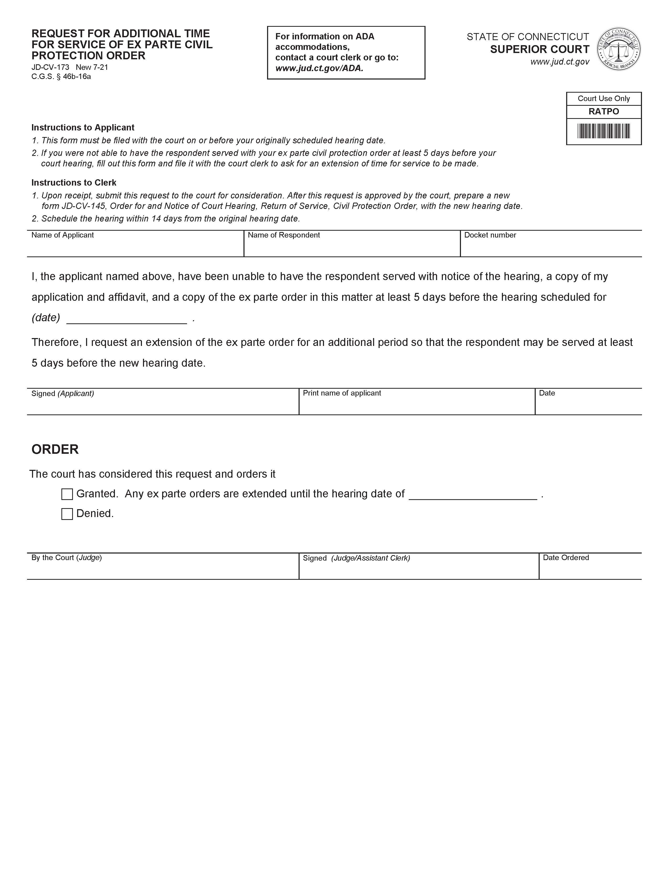 Request For Additional TIme For Service Of Ex Parte Civil Protection Order {JD-CV-173} | Pdf Fpdf Docx | Connecticut