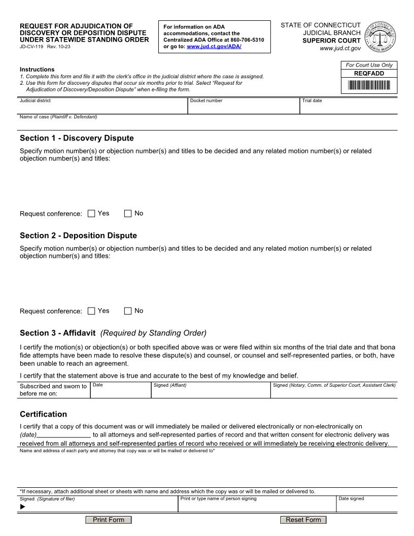 Request For Adjudication Of Discovery Or Deposition Dispute {JD-CV-119} | Pdf Fpdf Docx | Connecticut