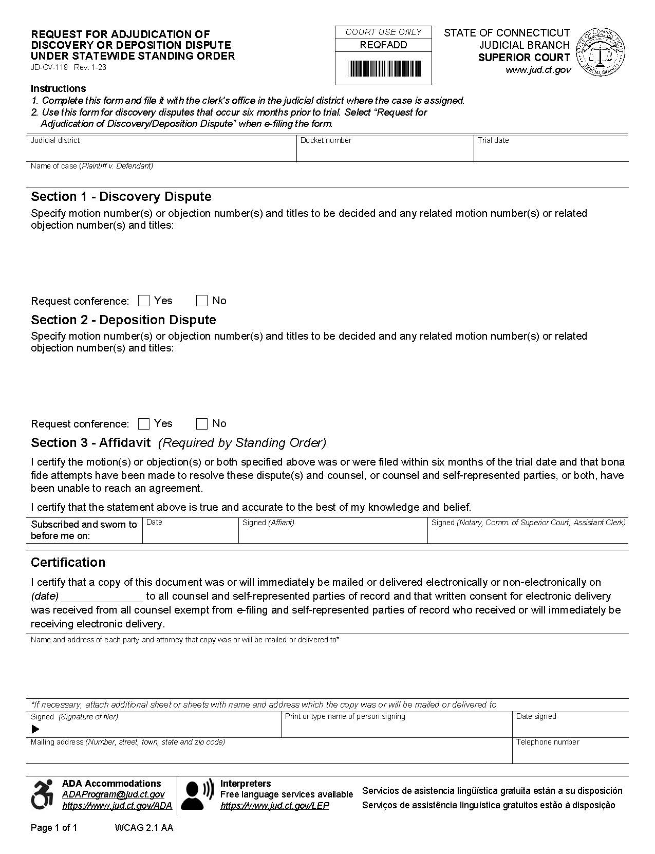 Request For Adjudication Of Discovery Or Deposition Dispute {JD-CV-119} | Pdf Fpdf Docx | Connecticut