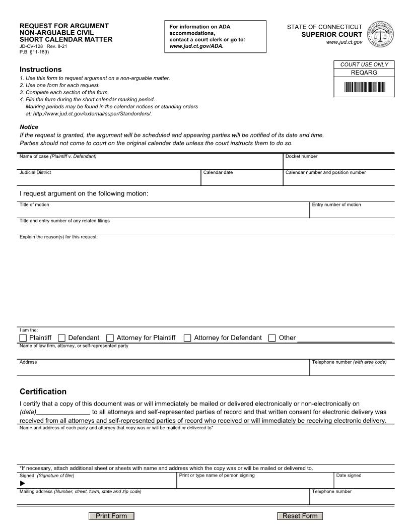 Request For Arguement Non Arguable Civil Short Calendar Matter {JD-CV-128} | Pdf Fpdf Doc Docx | Connecticut