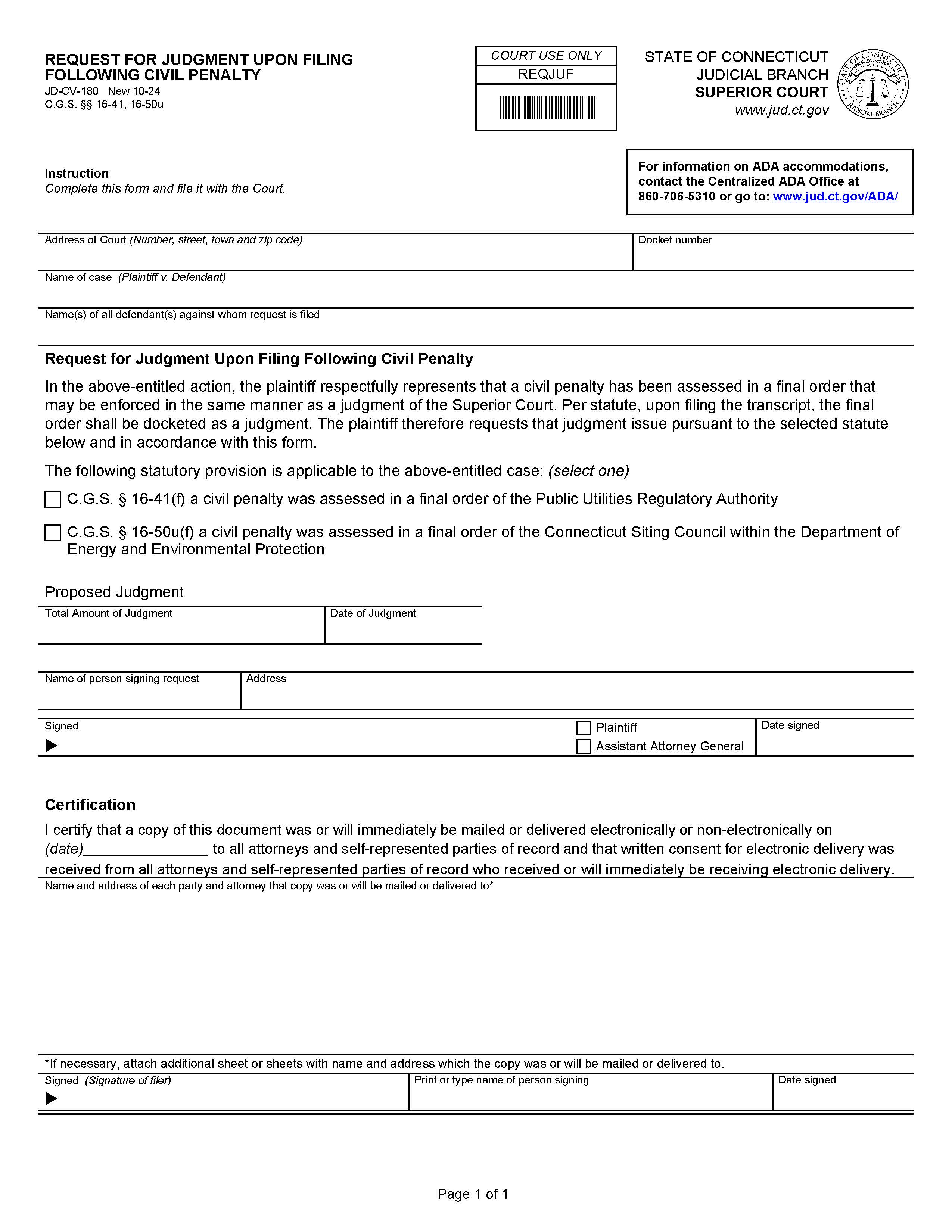 Request For Judgment Upon Filing Following Civil Penalty {JD-CV-180} | Pdf Fpdf Docx | Connecticut