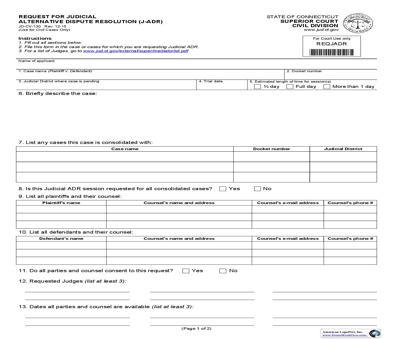 Request For Judicial Aletnative Dispute Resolution (J-ADR) {JD-CV-130} { | Pdf Fpdf Doc Docx | Connecticut