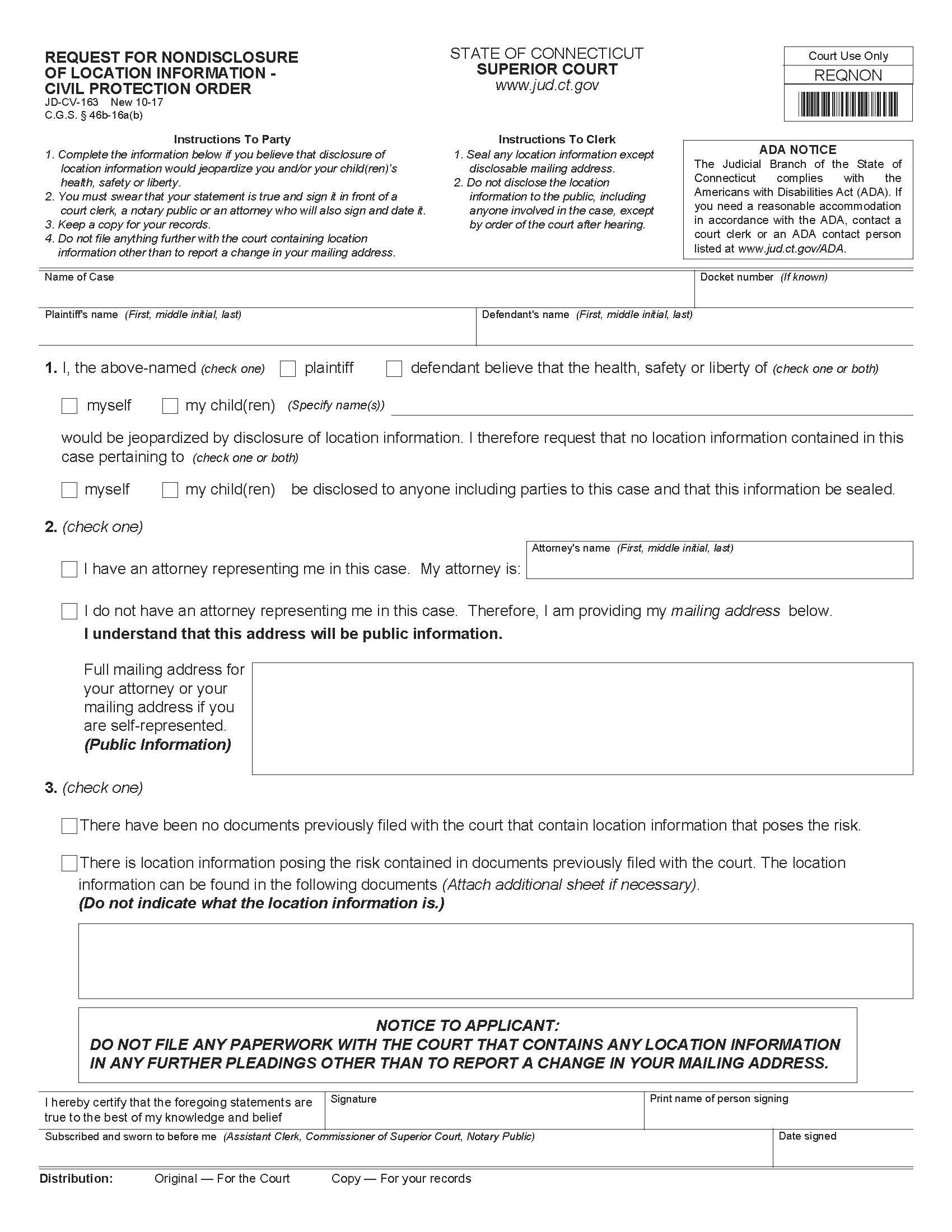 Request For Nondisclosure Of Location Information Civil Protection Order {JD-CV-163} | Pdf Fpdf Docx | Connecticut