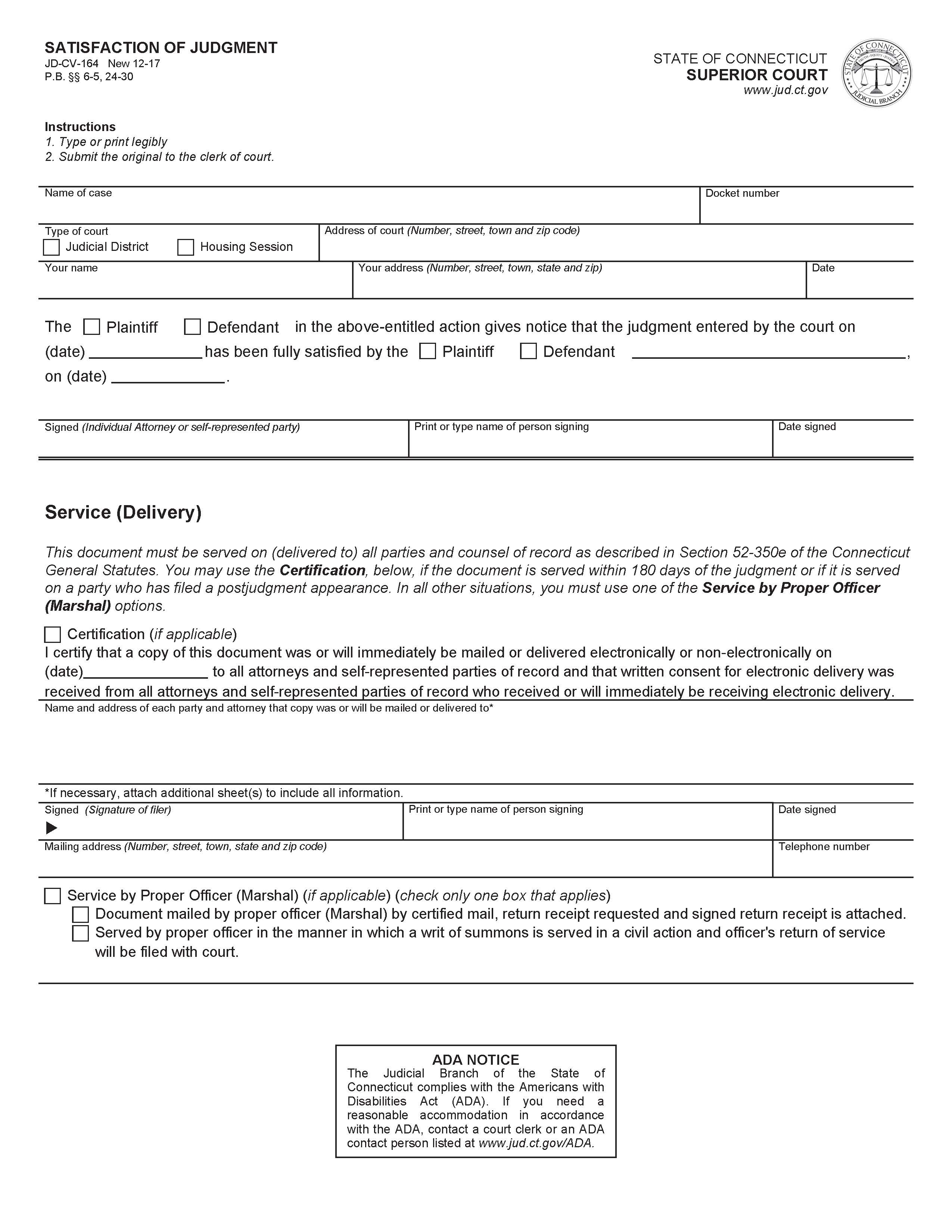 Satisfaction Of Judgment {JD-CV-164} | Pdf Fpdf Docx | Connecticut