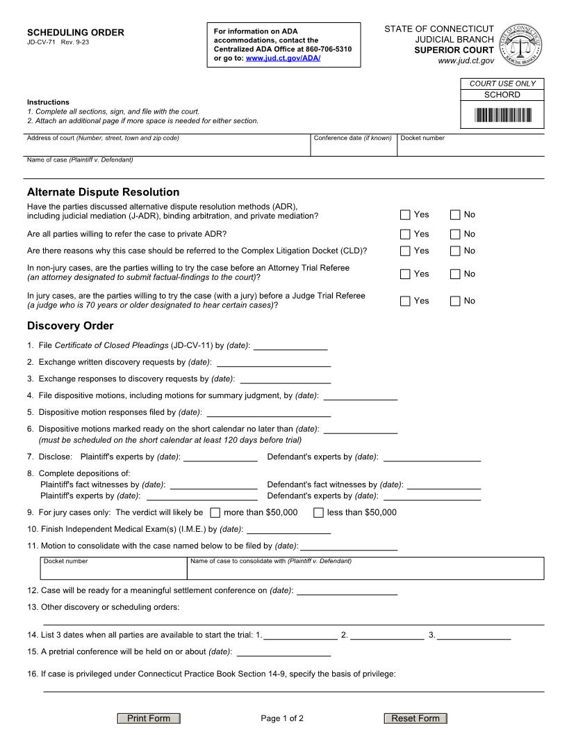 Scheduling Order {JD-CV-71} | Pdf Fpdf Doc Docx | Connecticut