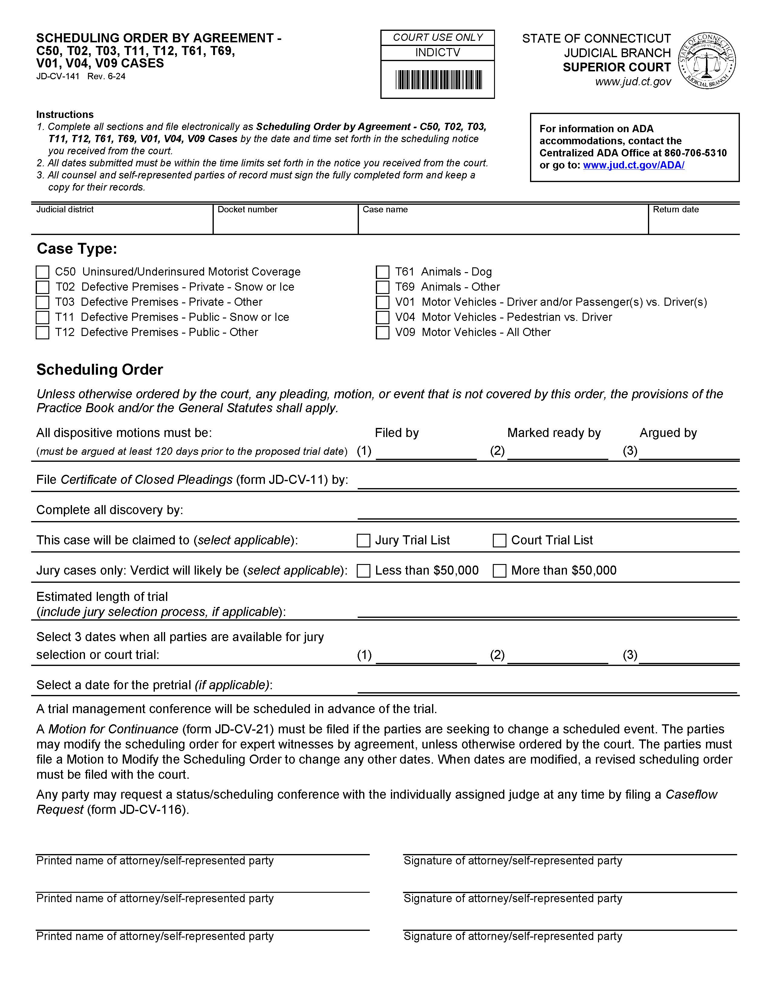 Scheduling Order By Agreement {JD-CV-141} | Pdf Fpdf Doc Docx | Connecticut