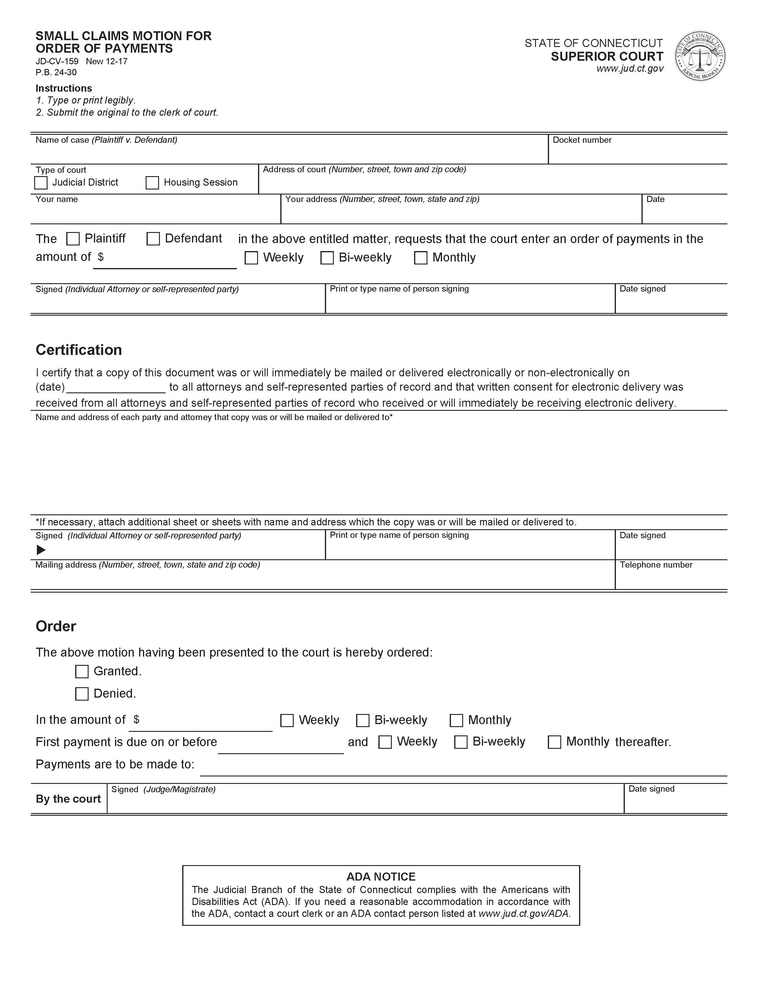 Small Claims Motion For Order Of Payments {JD-CV-159} | Pdf Fpdf Docx | Connecticut