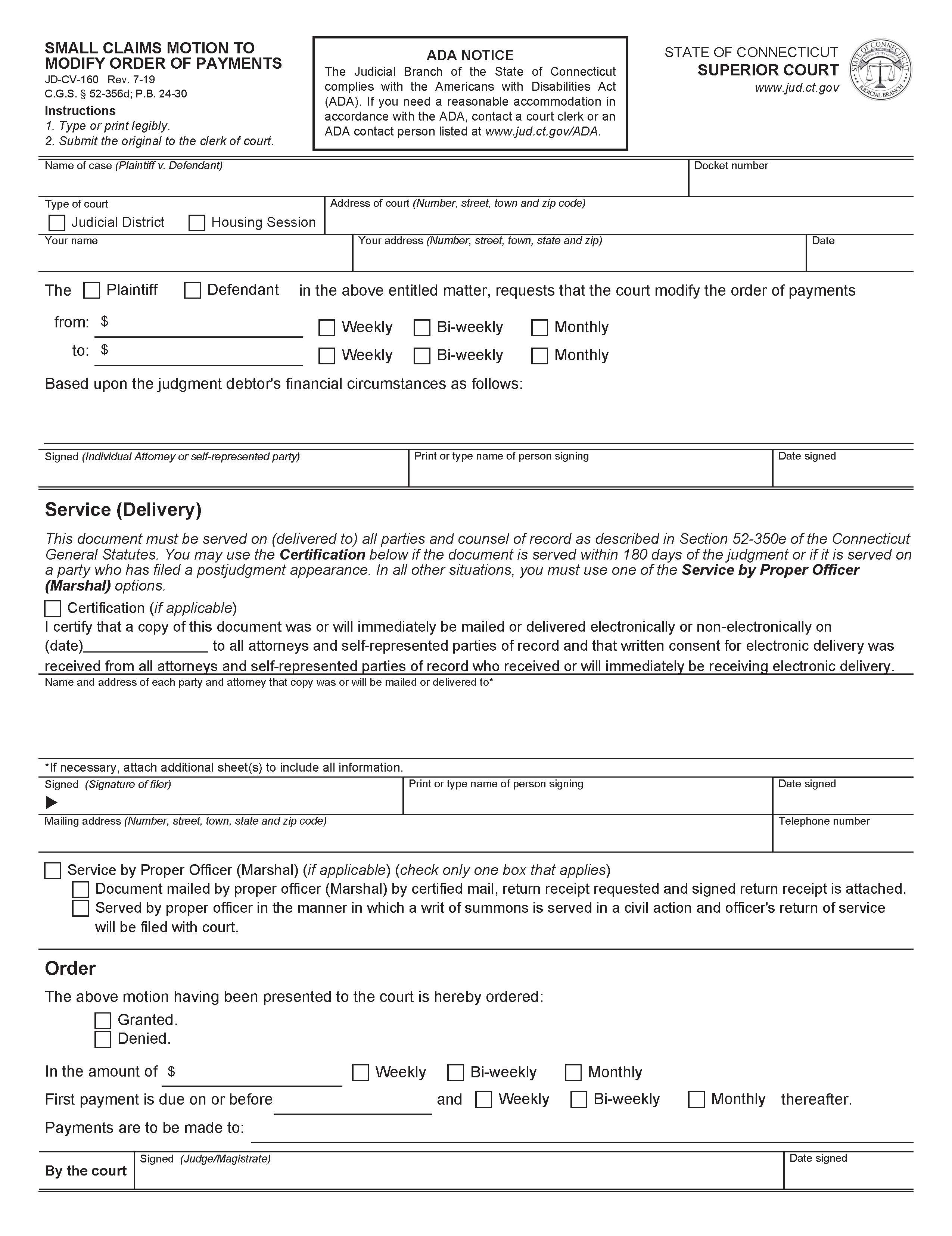 Small Claims Motion To Modify Order Of Payments {JD-CV-160} | Pdf Fpdf Docx | Connecticut