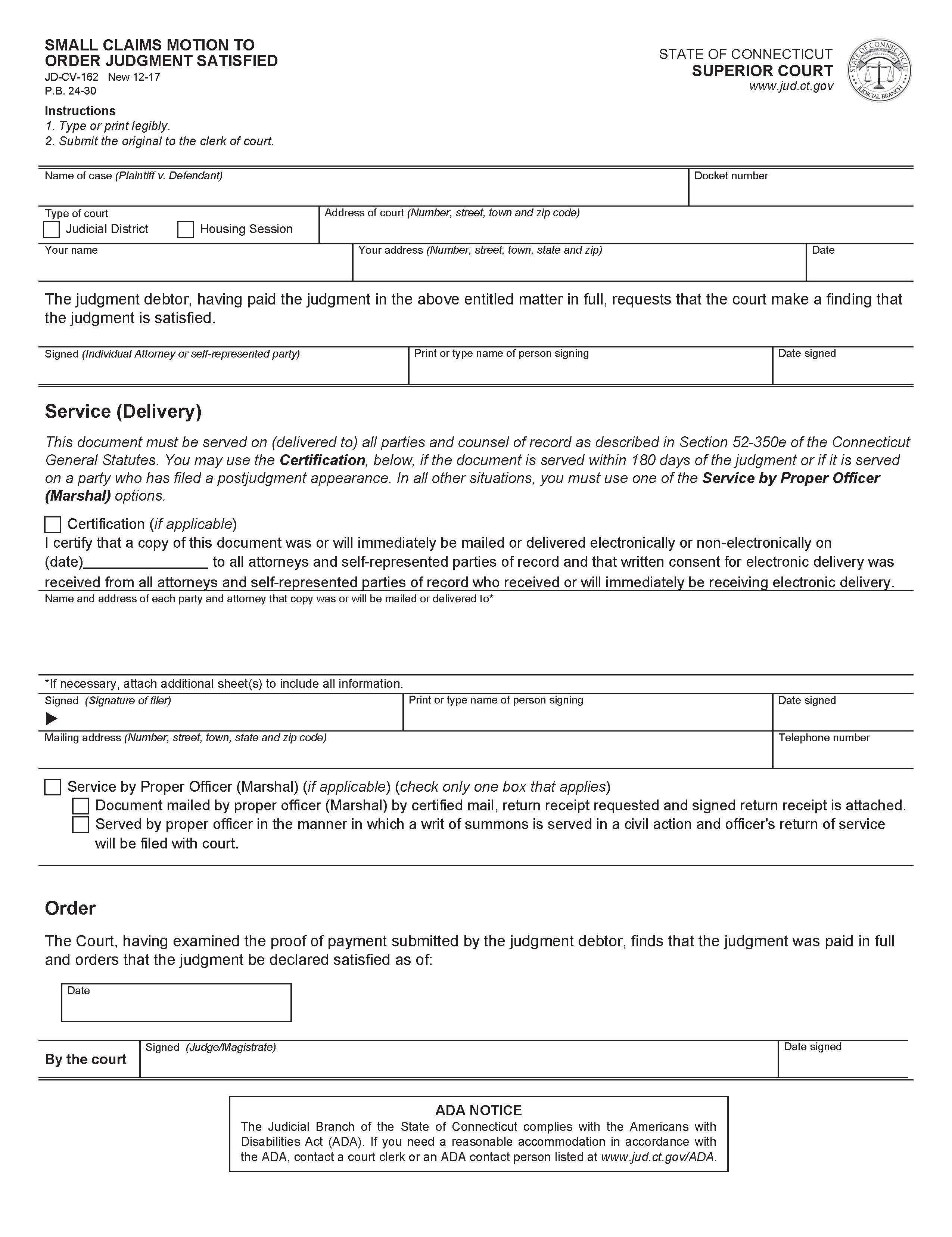 Small Claims Motion To Order Judgment Satisfied {JD-CV-162} | Pdf Fpdf Docx | Connecticut
