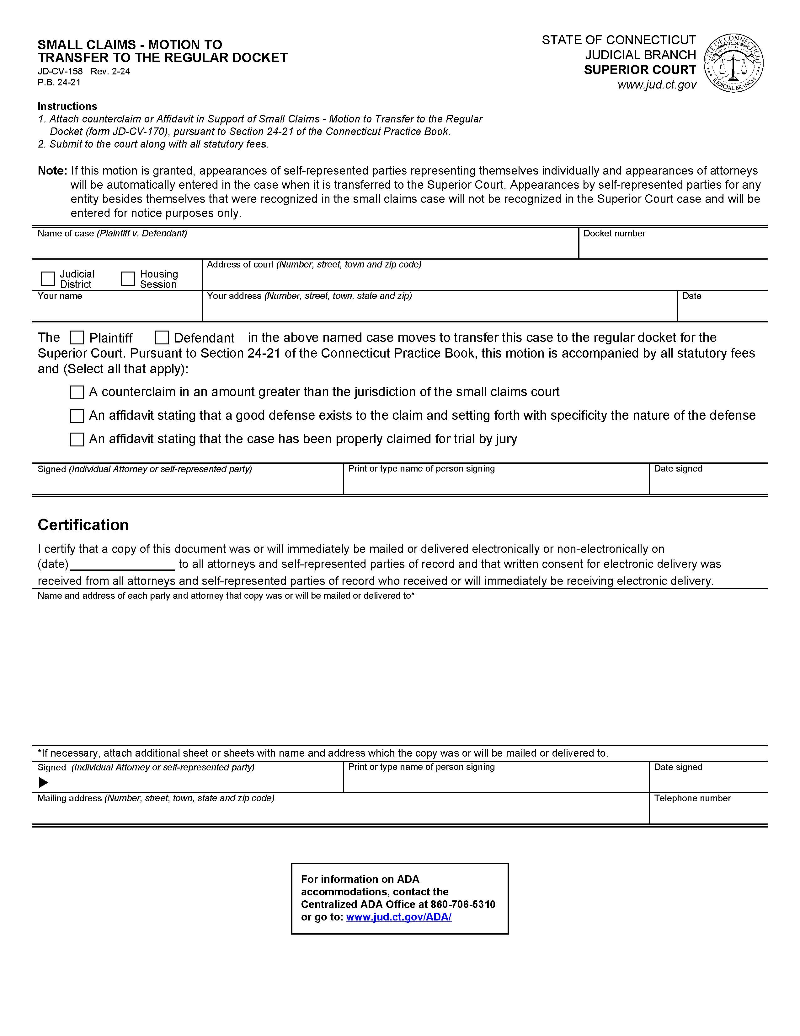 Small Claims Motion To Transfer To The Regular Docket {JD-CV-158} | Pdf Fpdf Docx | Connecticut