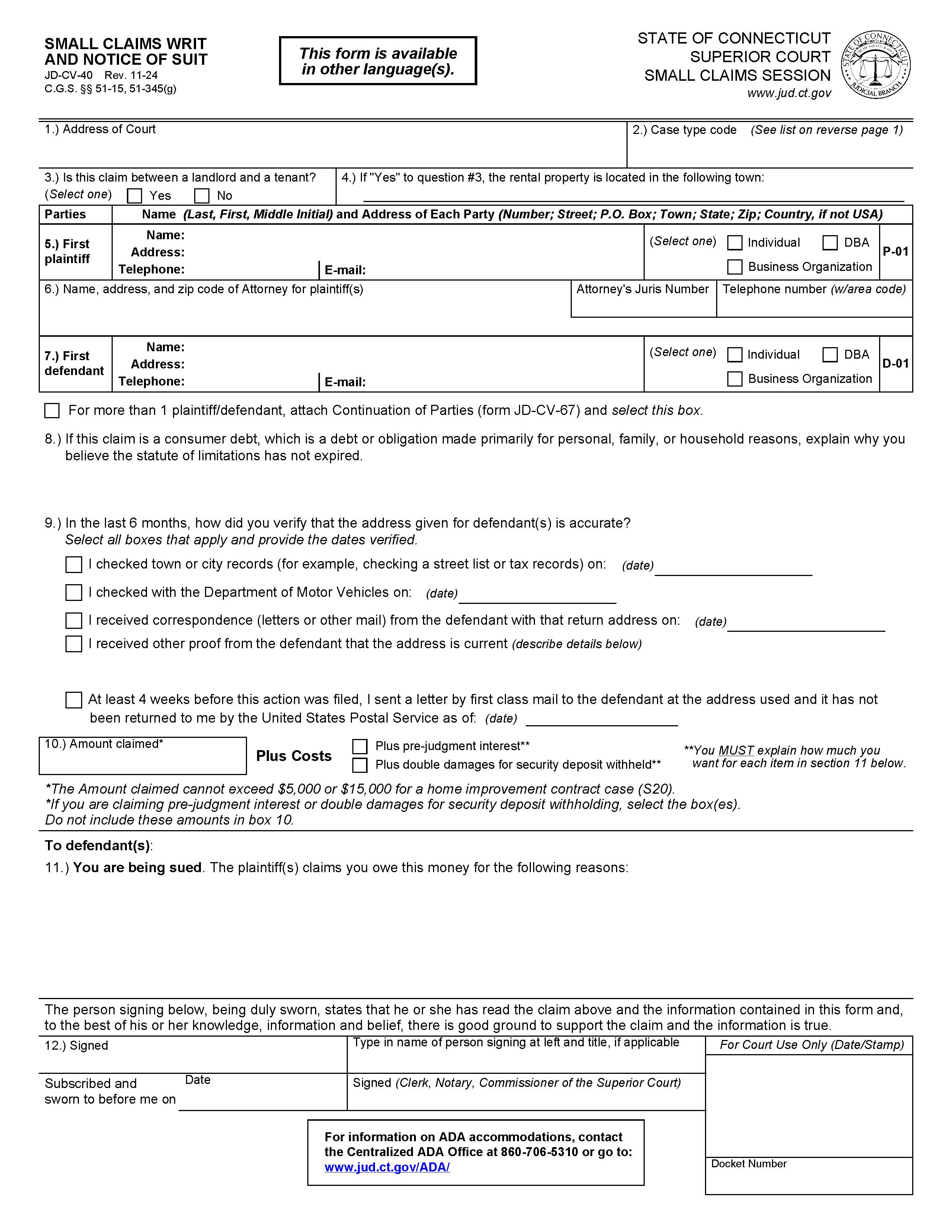 Small Claims Writ And Notice Of Suit {JD-CV-40} | Pdf Fpdf Docx | Connecticut