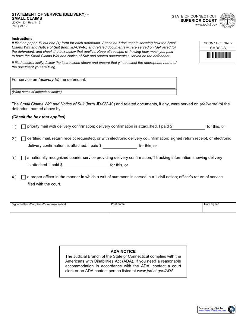 Statement Of Service (Delivery) {JD-CV-123} | Pdf Fpdf Docx | Connecticut