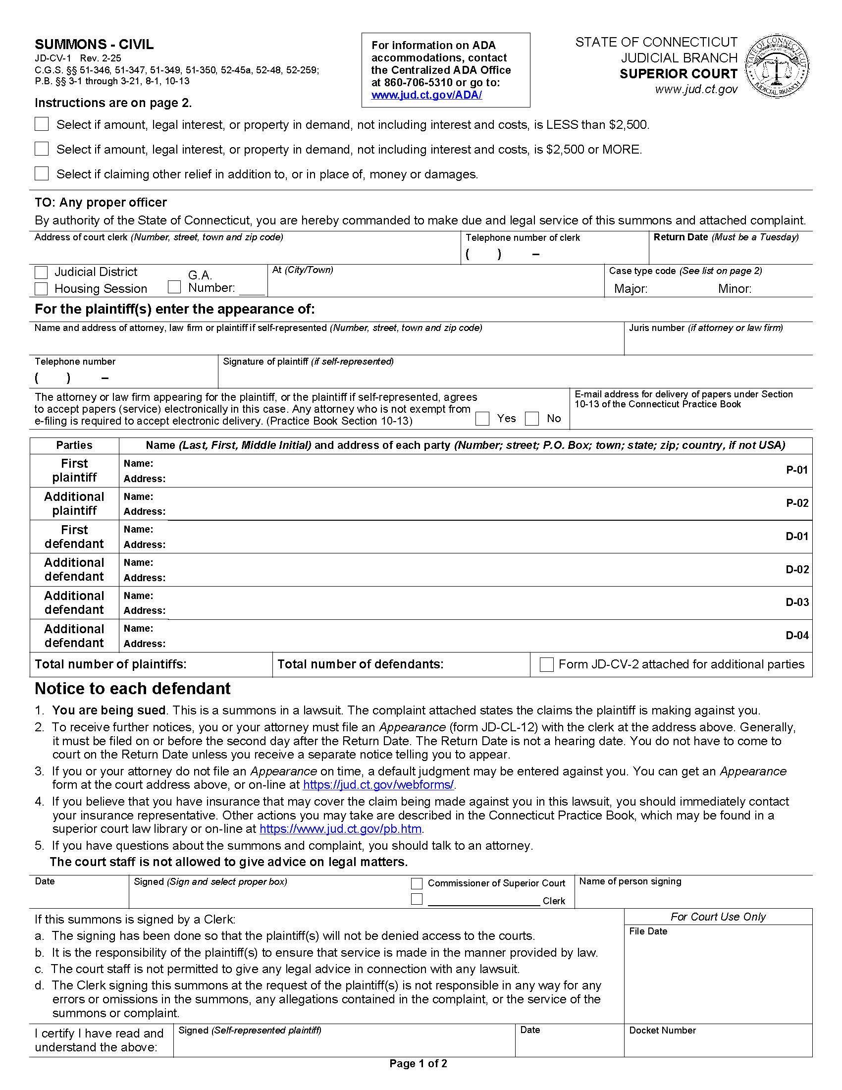 Summons Civil {JD-CV-1} | Pdf Fpdf Doc Docx | Connecticut