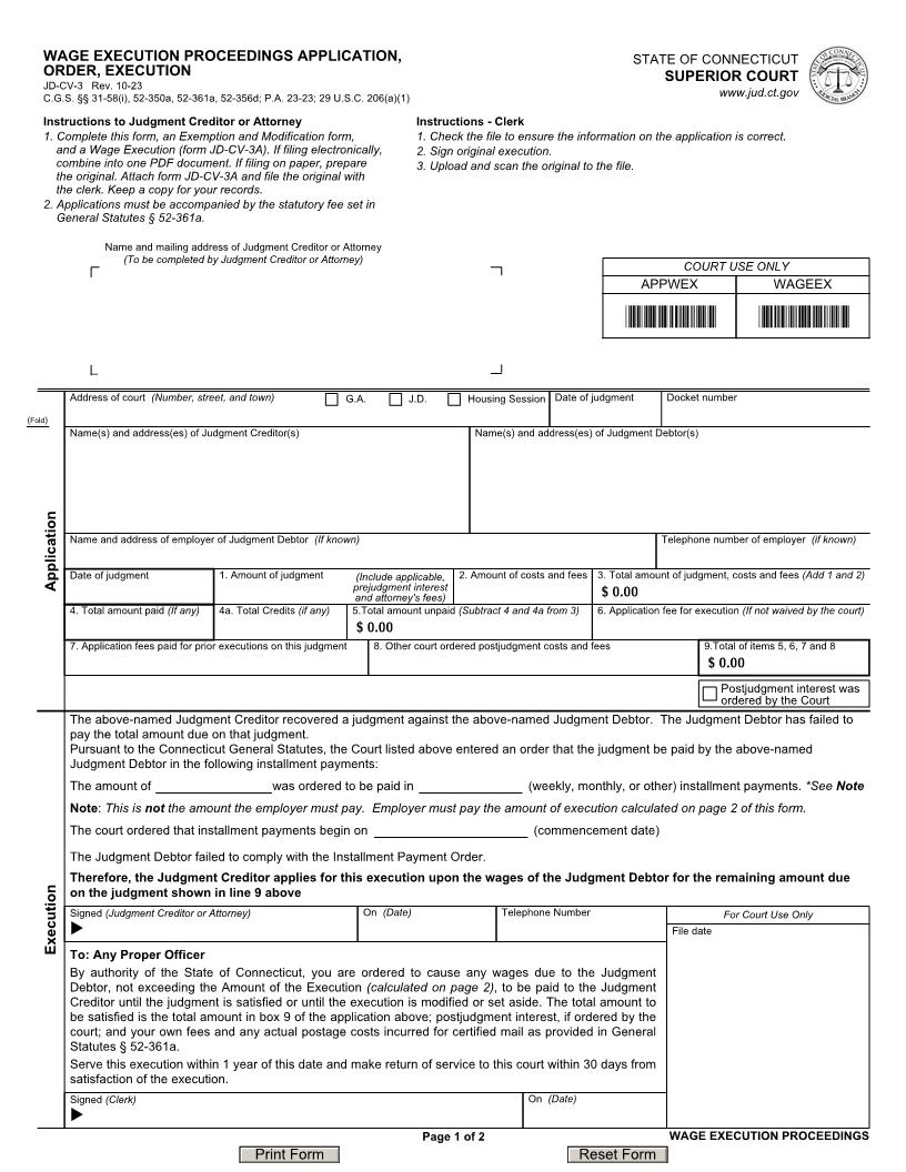 Wage Execution Proceedings Application Order Execution {JD-CV-3} | Pdf Fpdf Doc Docx | Connecticut