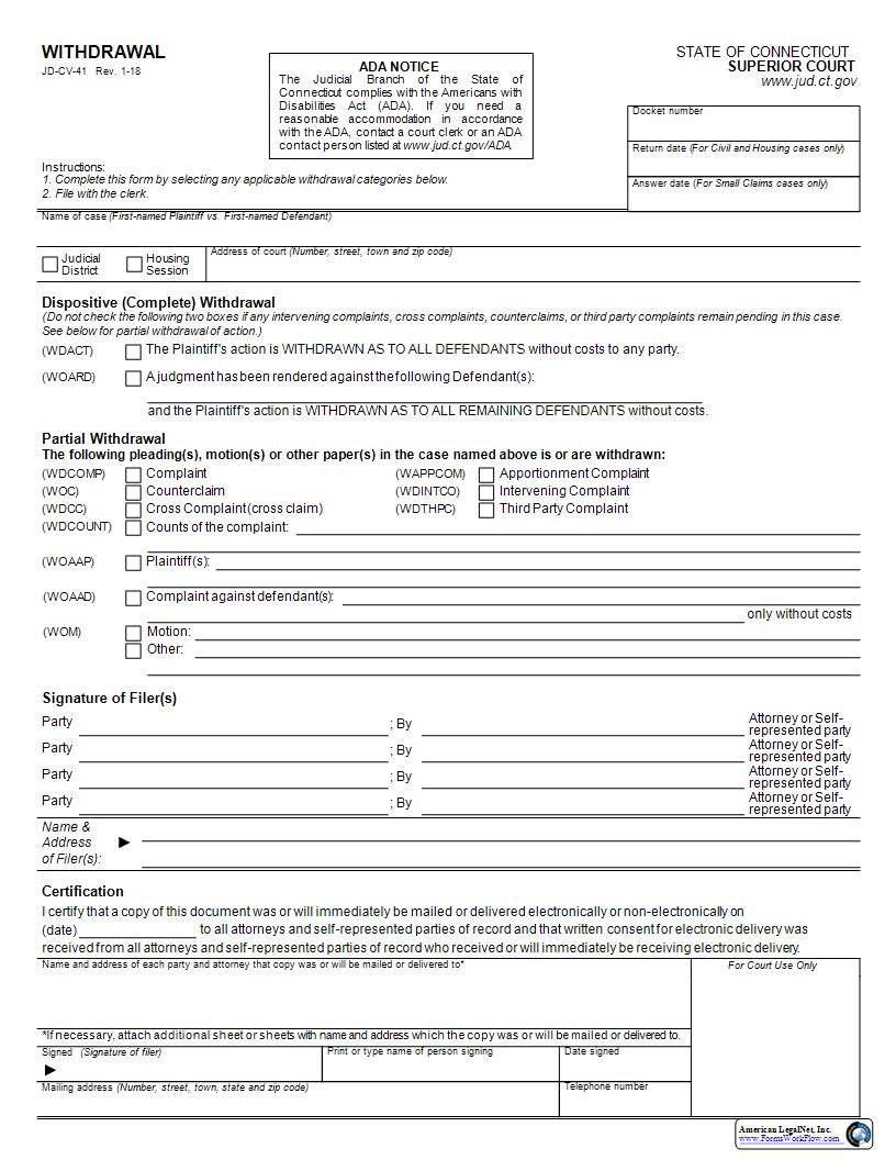 Withdrawal {JD-CV-41} | Pdf Fpdf Docx | Connecticut