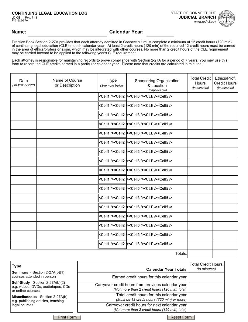 Continuing Legal Education Log {JD-CE-1} | Pdf Fpdf Docx | Connecticut