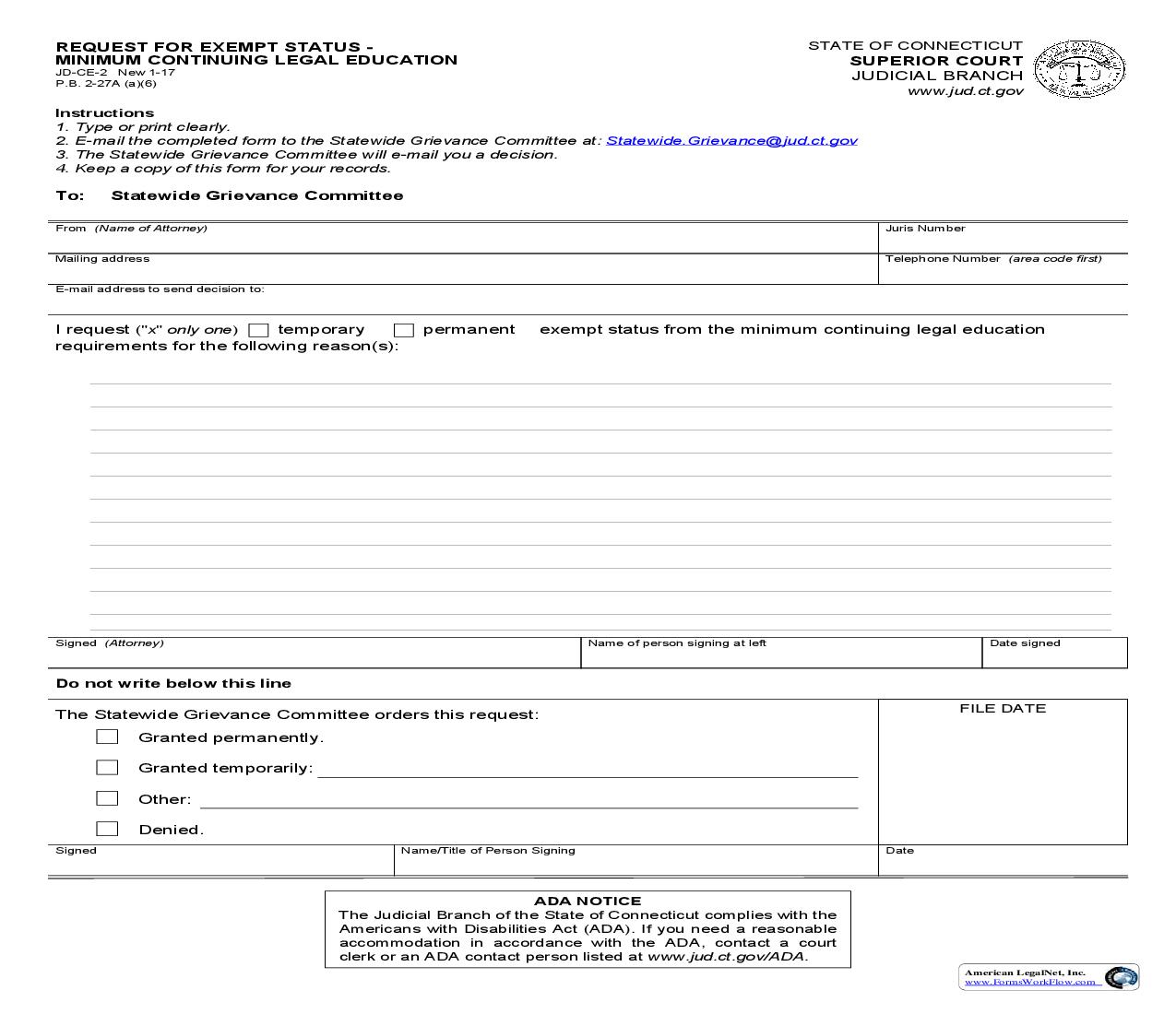 Request For Exempt Status Minimum Contining Legal Education {JD-CE-2} | Pdf Fpdf Doc Docx | Connecticut