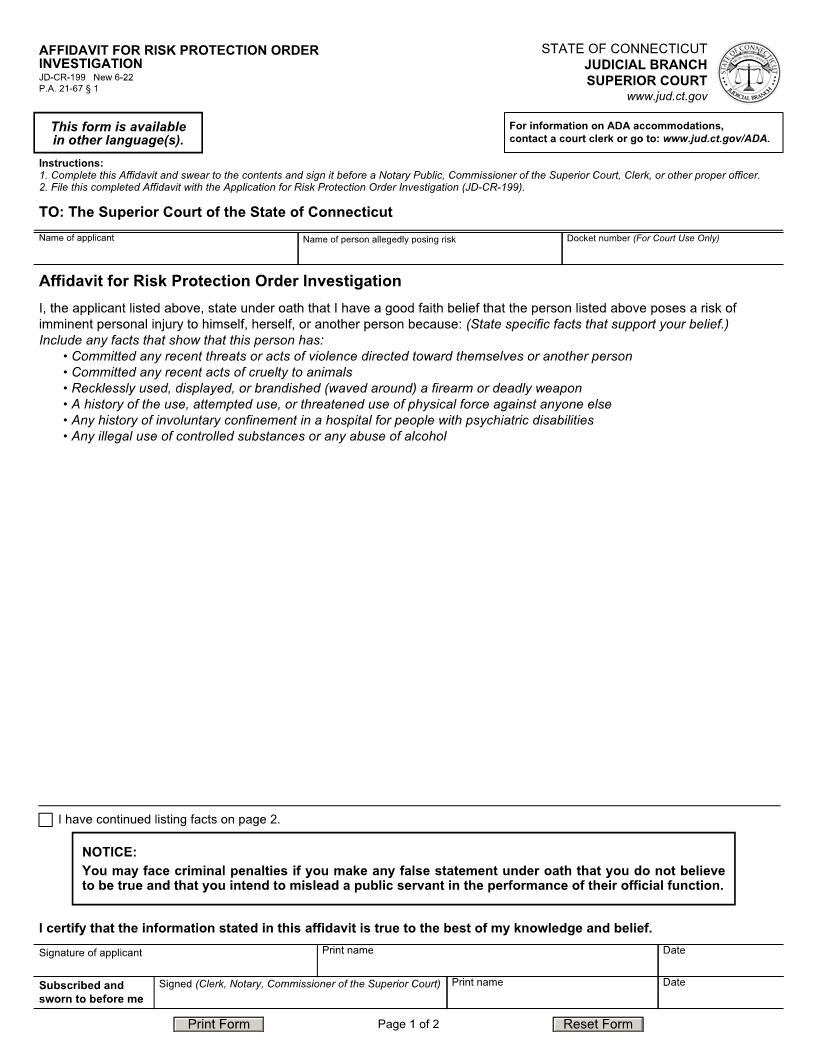 Affidavit For Risk Protection Order Investigation {JD-CR-199} | Pdf Fpdf Docx | Connecticut