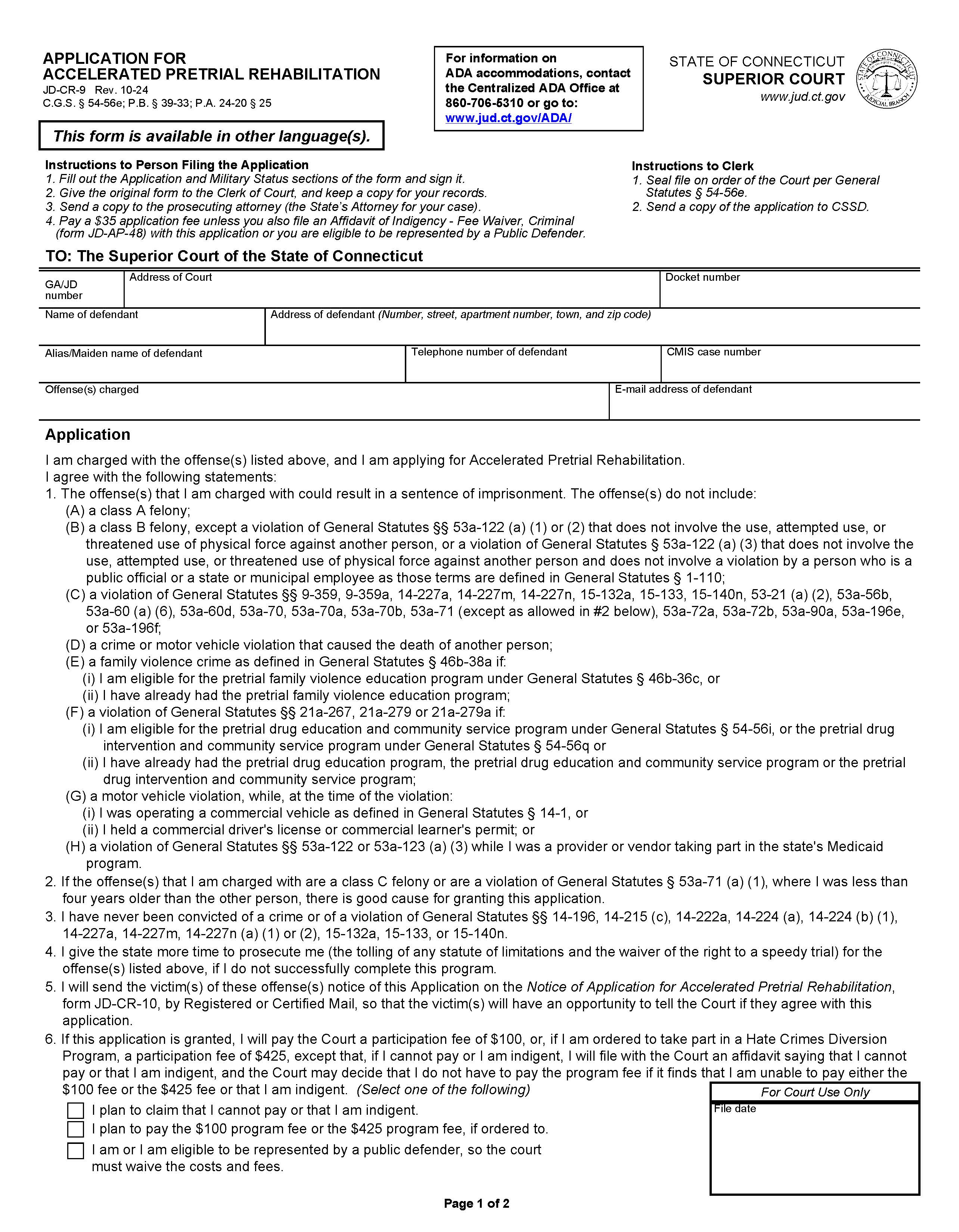 Application For Accelerated Pre Trial Rehabilitation {JD-CR-9} | Pdf Fpdf Docx | Connecticut