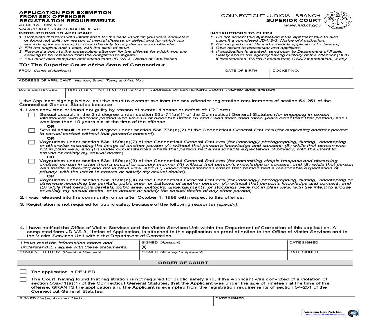 Application For Exemption From Sex Offender Registration Requirements {JD-CR-122} | Pdf Fpdf Doc Docx | Connecticut