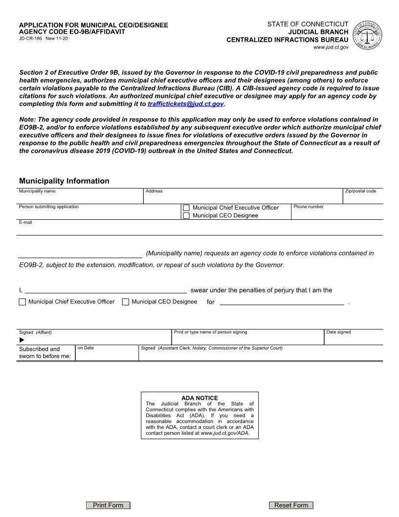 Application For Municipal CEO Designee Agency Code EO 9B Affidavit {JD-CR-186} | Pdf Fpdf Docx | Connecticut