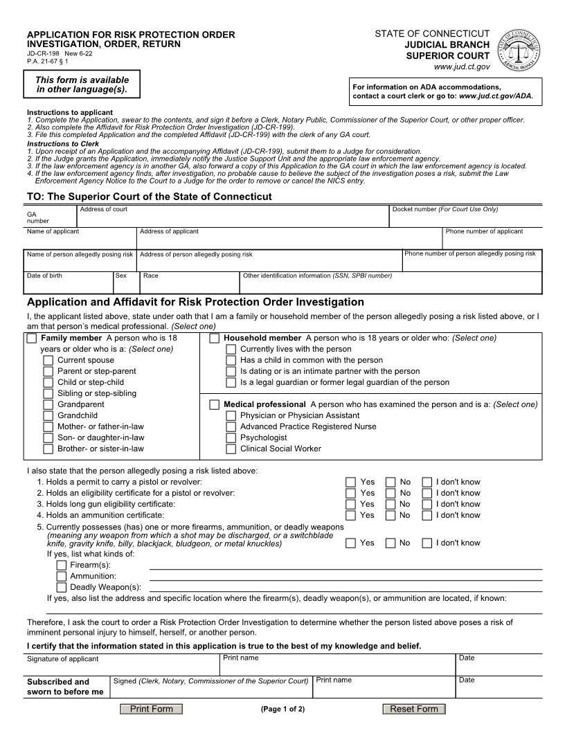 Application For Risk Protectio Order {JD-CR-198} | Pdf Fpdf Docx | Connecticut