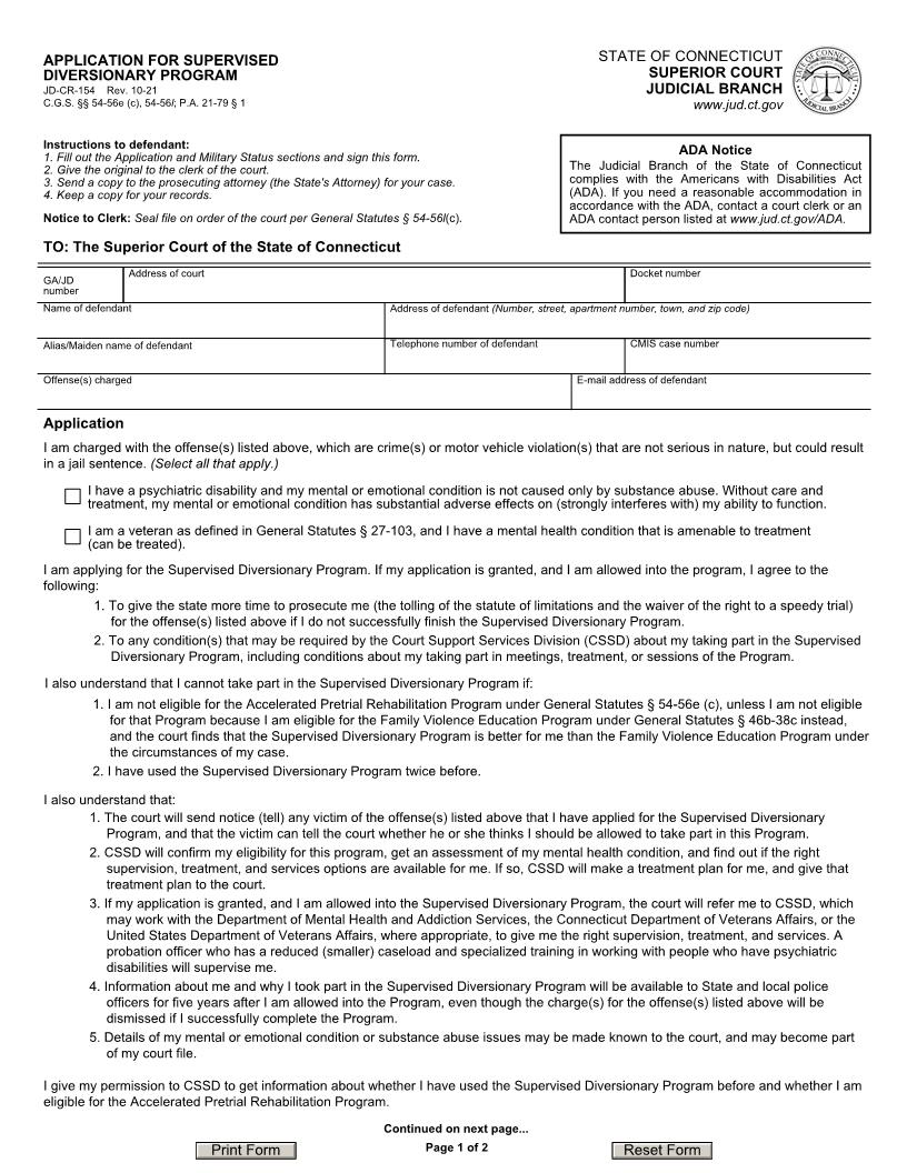 Application For Supervised Diversionary Program {JD-CR-154} | Pdf Fpdf Doc Docx | Connecticut