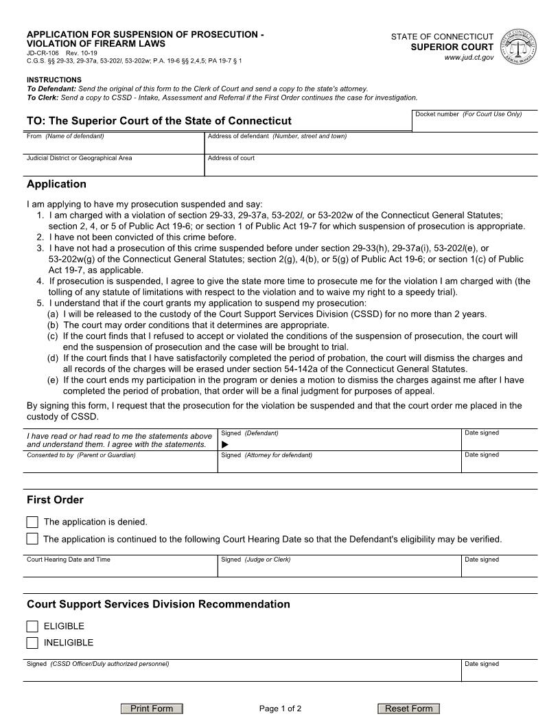 Application For Suspension Of Prosecution - Violation Of Firearm Laws {JD-CR-106} | Pdf Fpdf Docx | Connecticut