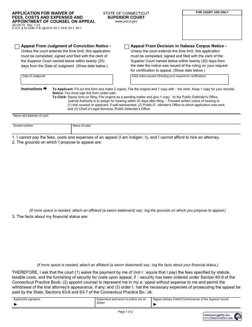 Application For Waiver Fees Costs And Expenses And Appointment Of Counsel On Appeal {JD-CR-73} | Pdf Fpdf Docx | Connecticut
