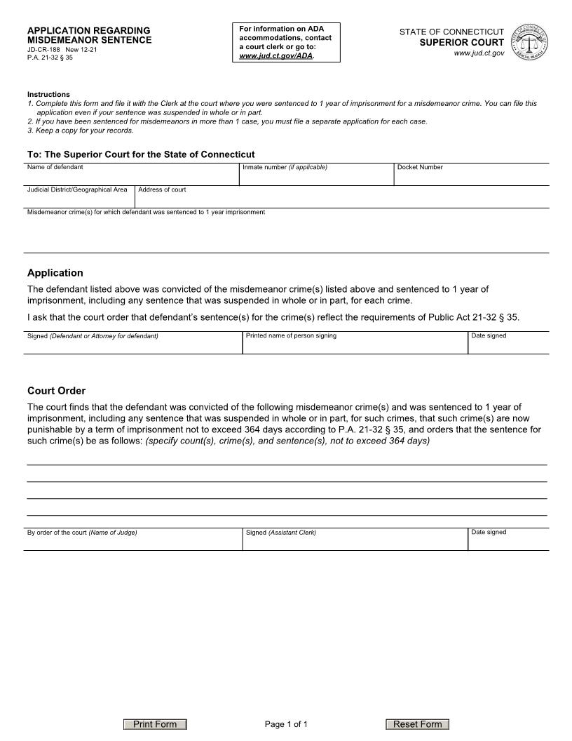 Application Regarding Misdemeanor Sentence {JD-CR-188} | Pdf Fpdf Docx | Connecticut