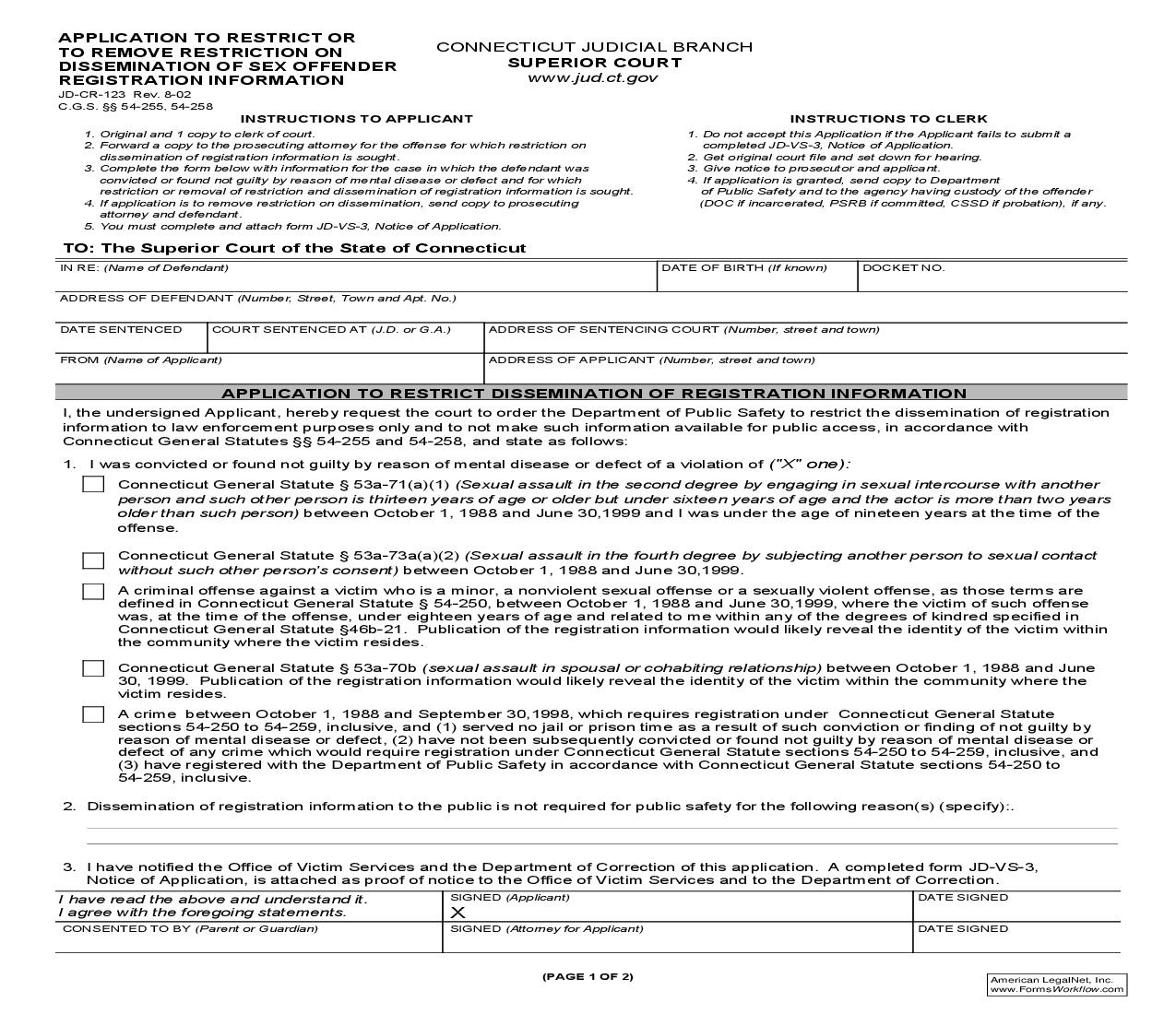 Application To Restrict Or Remove Restriction On Dissemination Of Sex Offender Registration Information {JD-CR-123} | Pdf Fpdf Doc Docx | Connecticut