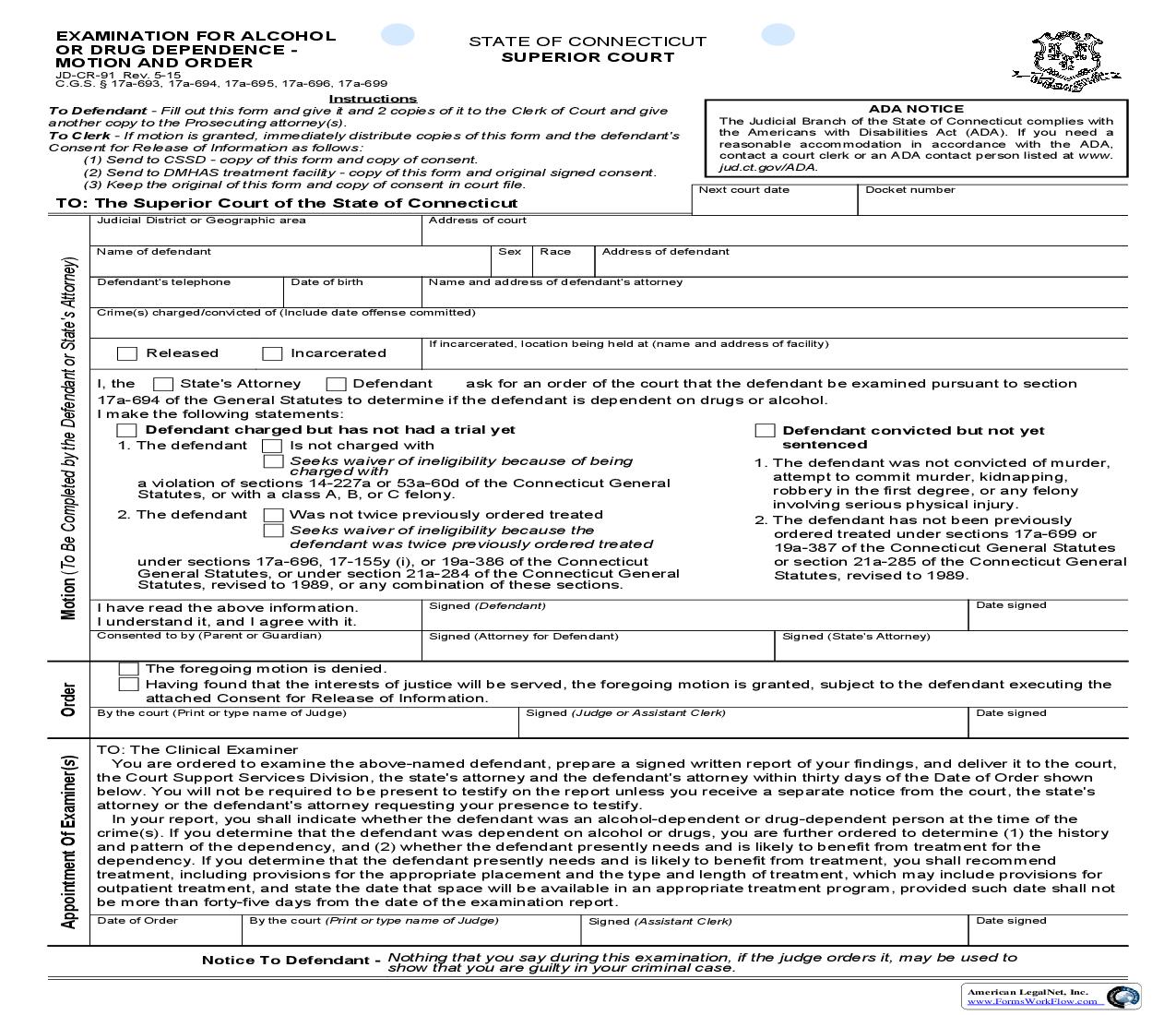 Examination For Alcohol Or Drug Dependence Motion And Order {JD-CR-91} | Pdf Fpdf Doc Docx | Connecticut