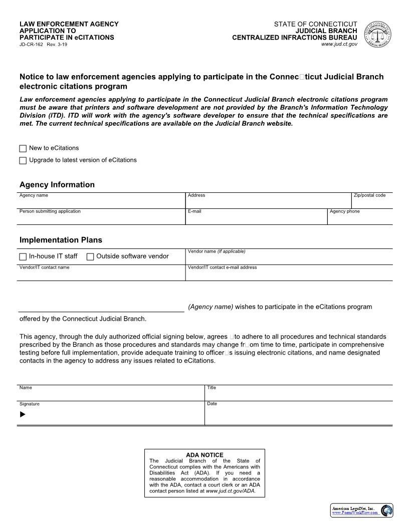 Law Enforcement Agency Application To Participate In eCitations {JD-CR-162} | Pdf Fpdf Docx | Connecticut